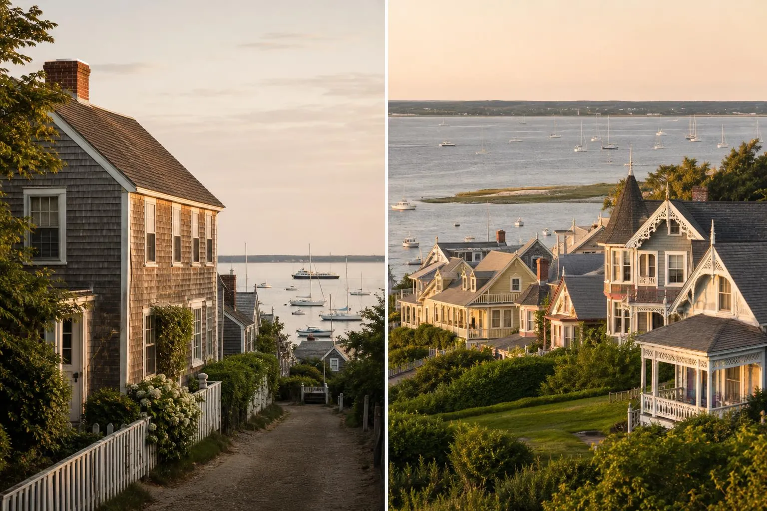 Two New England coastal villages: Nantucket's grey shingled harbor vs Martha's Vineyard's colorful gingerbread architecture, golden hour.