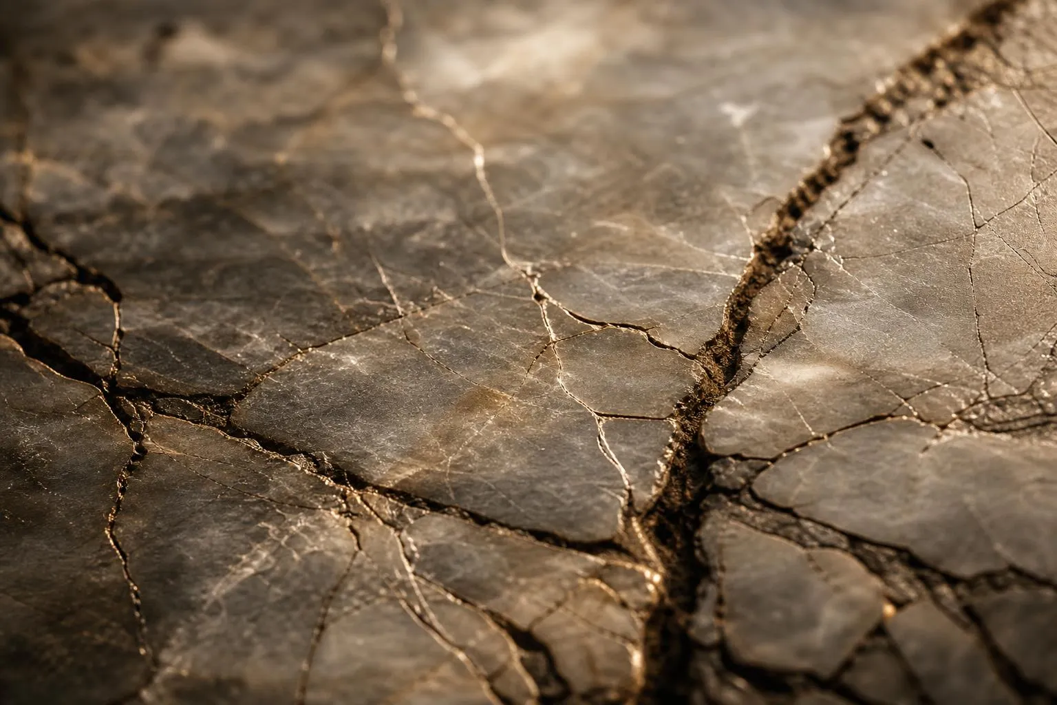 Close-up of fractured marble with deep gray veins and hairline cracks, cool light