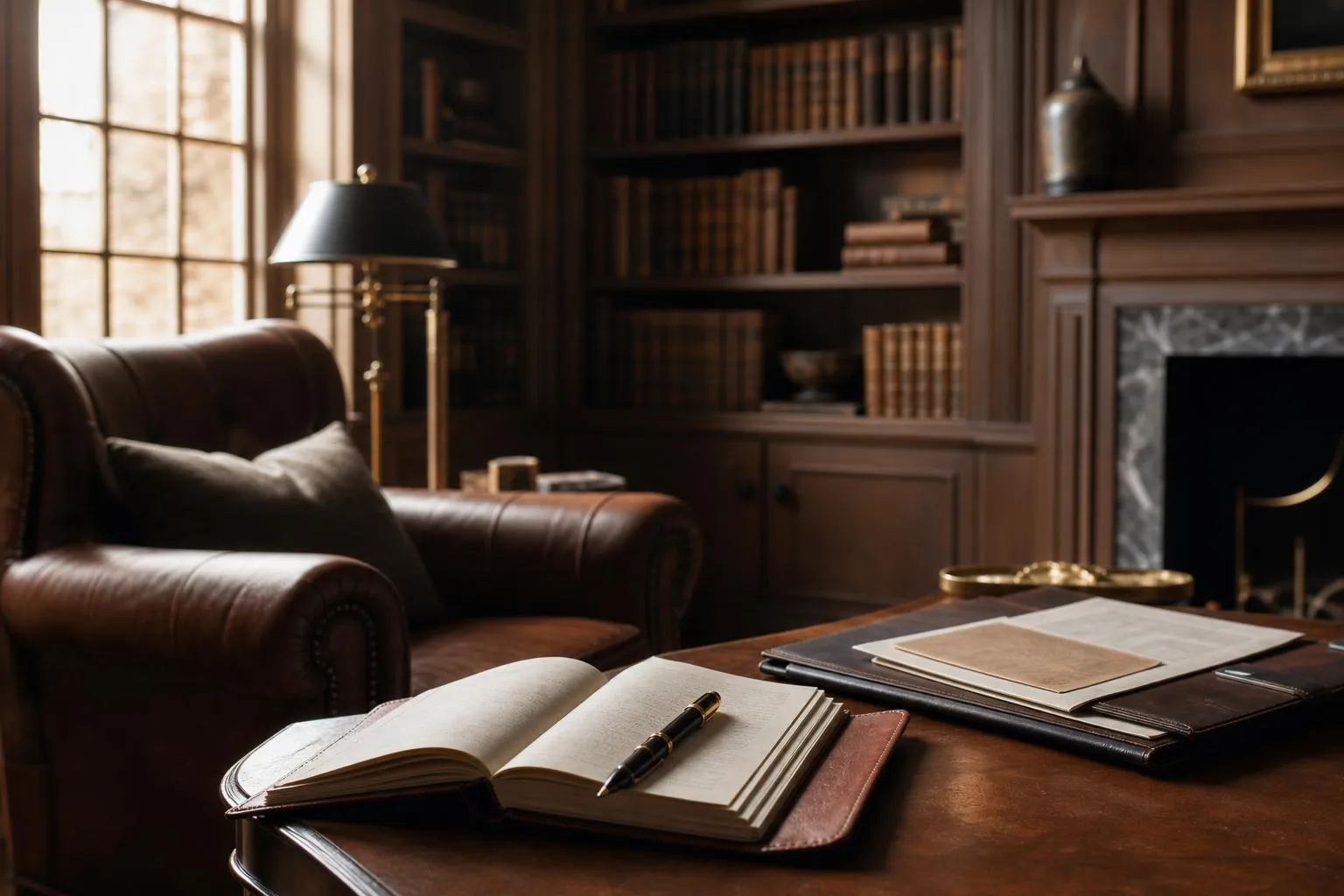 Warm library interior with open journal, pen, and financial documents on polished wood table, soft afternoon light.