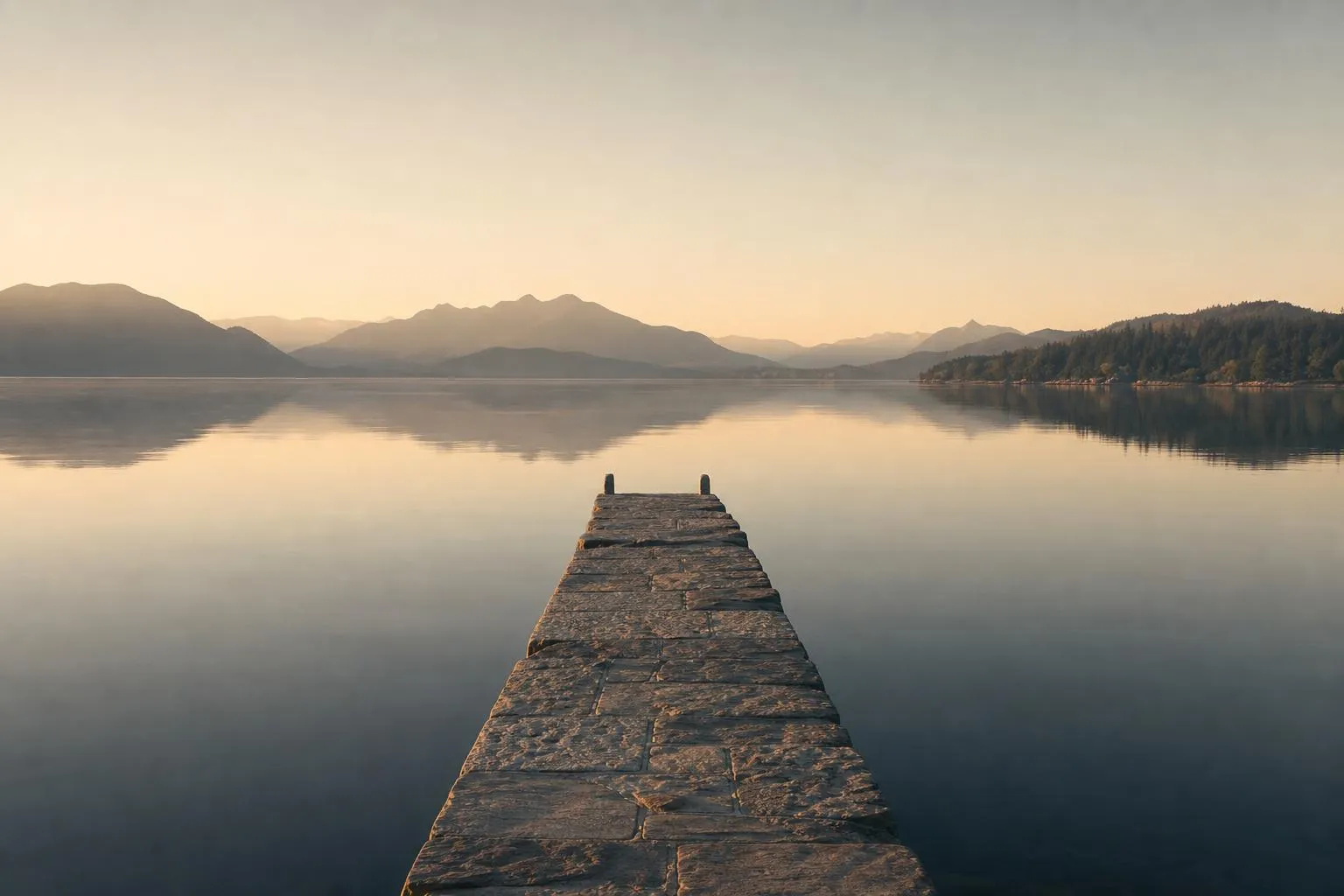 Tranquil lake at first light with a solitary pier and distant shoreline, soft morning reflection.