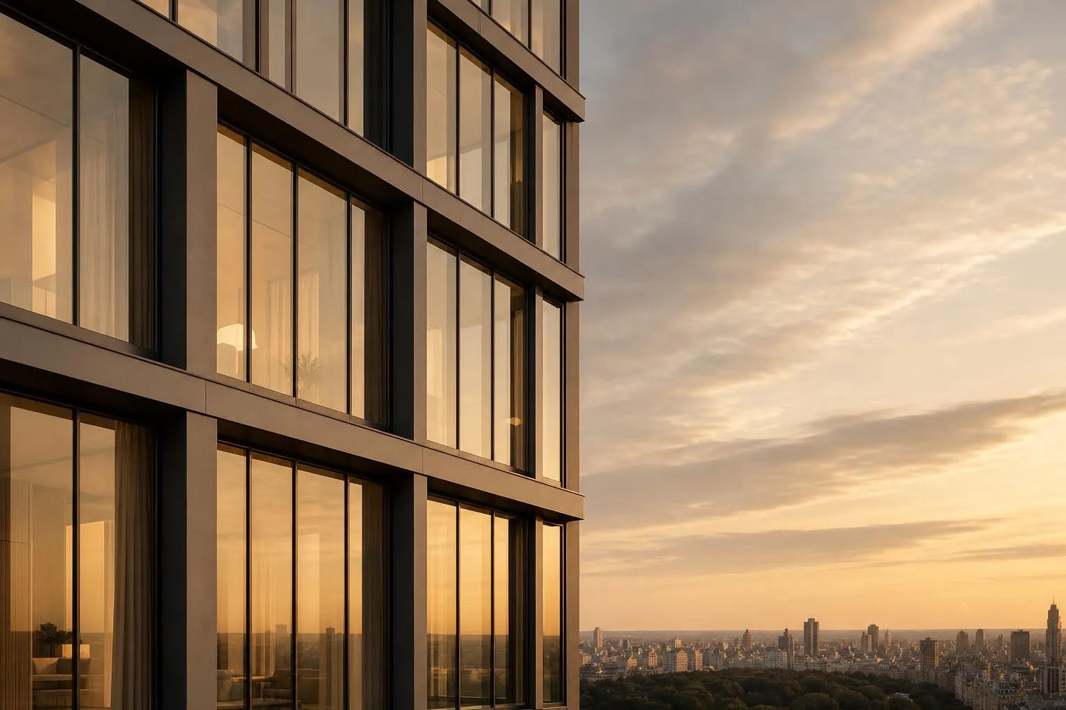 Modern residential tower facade with geometric grid of windows, golden hour light