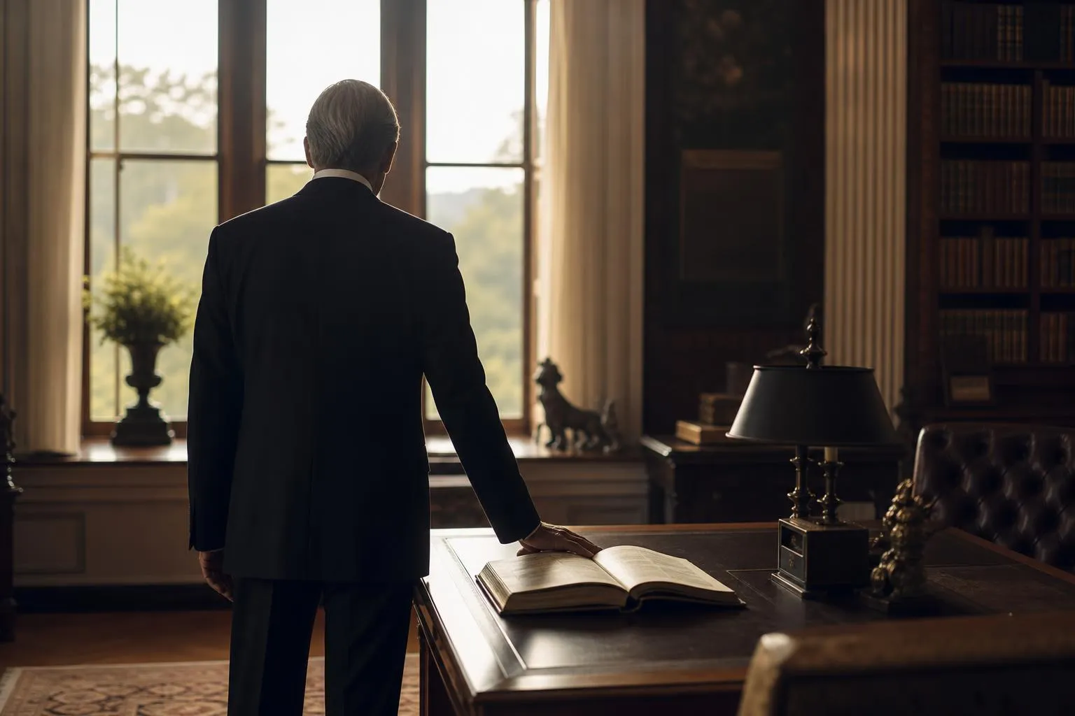 A figure's hand rests on an open document in a sunlit study, suggesting quiet deliberation and financial stewardship.