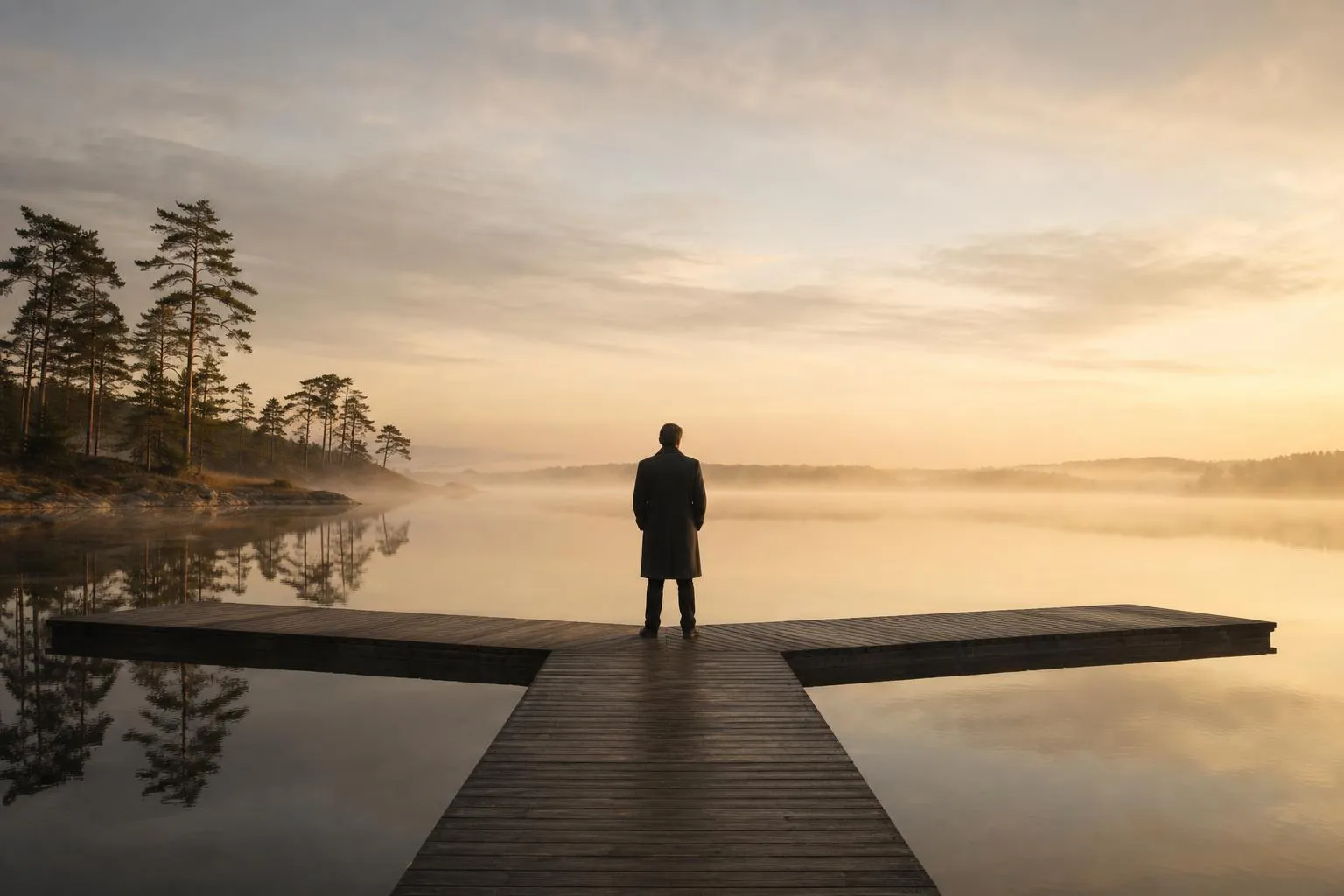 Solitary figure on a dock at a still lake at dawn, contemplating a choice between two paths