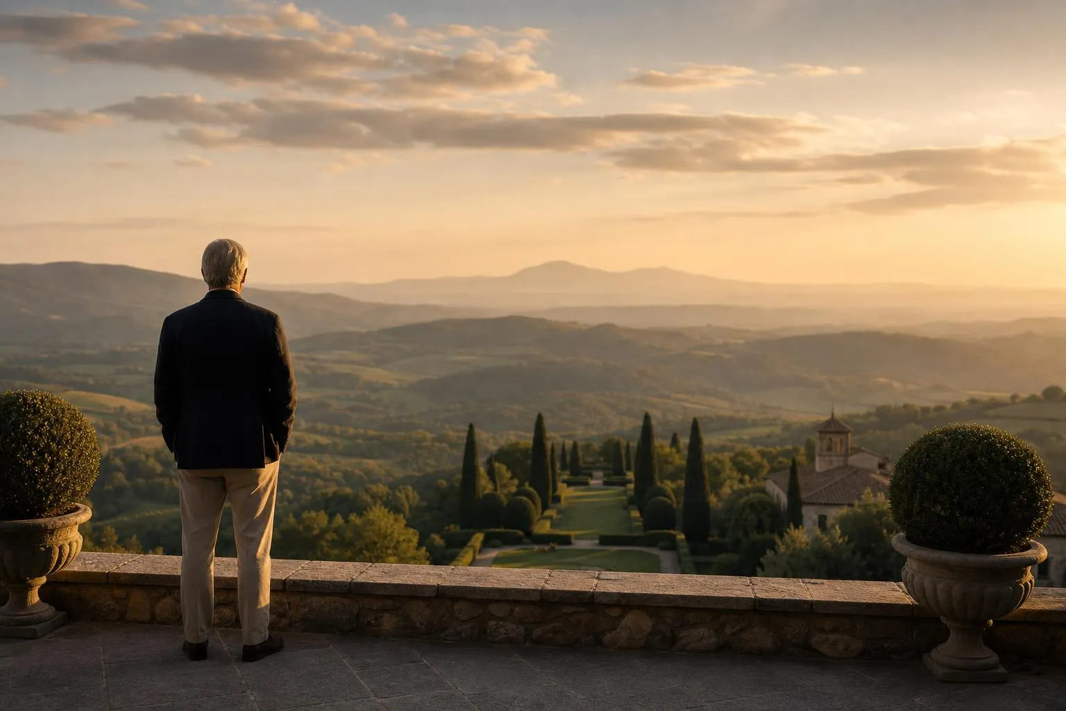 A solitary figure overlooking rolling estate grounds at golden hour, bathed in warm light.