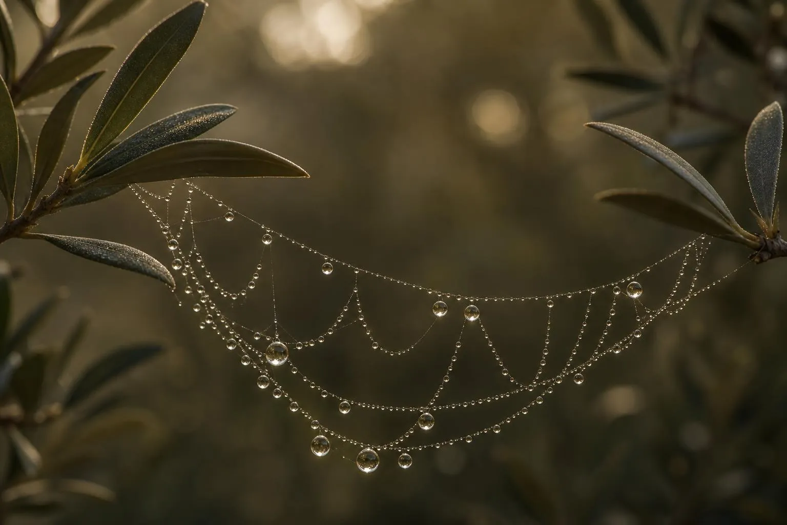Close-up of morning dew on a spider web between olive leaves, golden light