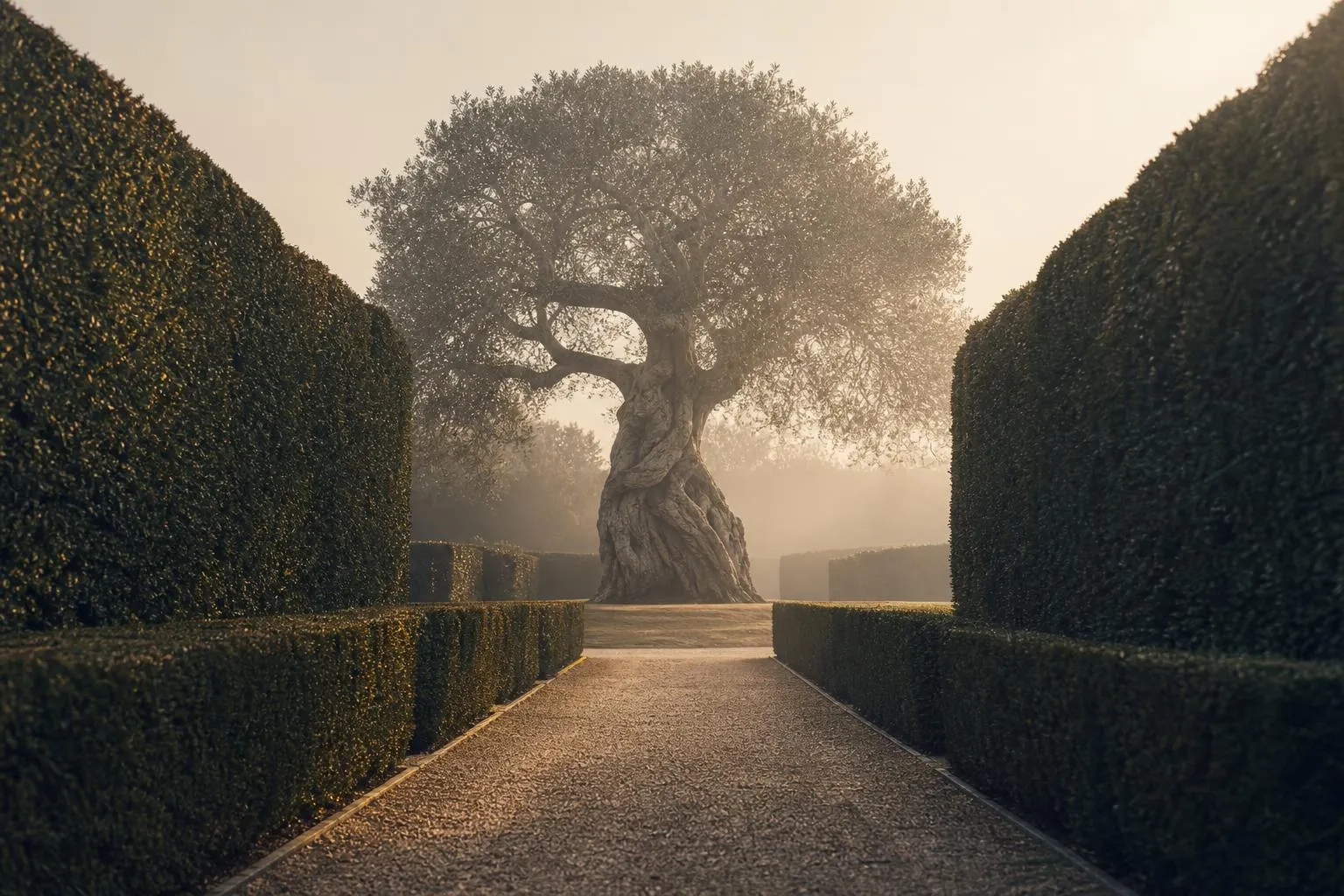 Formal garden path with mature hedges and ancient tree in morning mist, symbolizing legacy and preservation