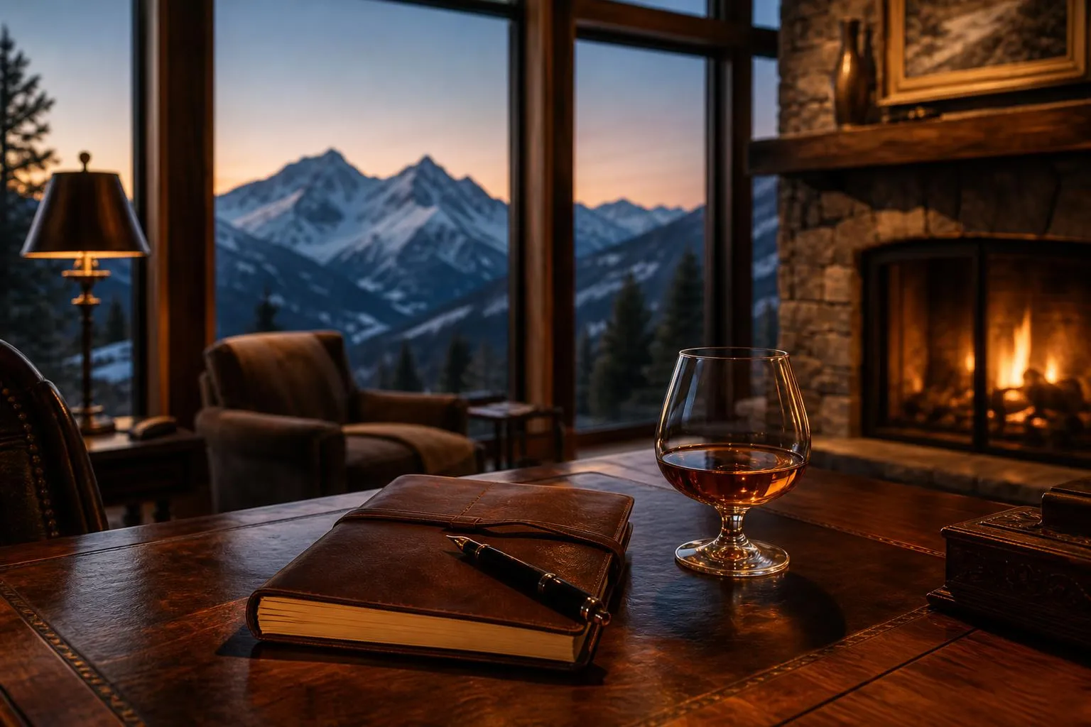 Alpine lodge study at dusk with mountains beyond, leather journal and firelight—evokes deliberate investment decisions.