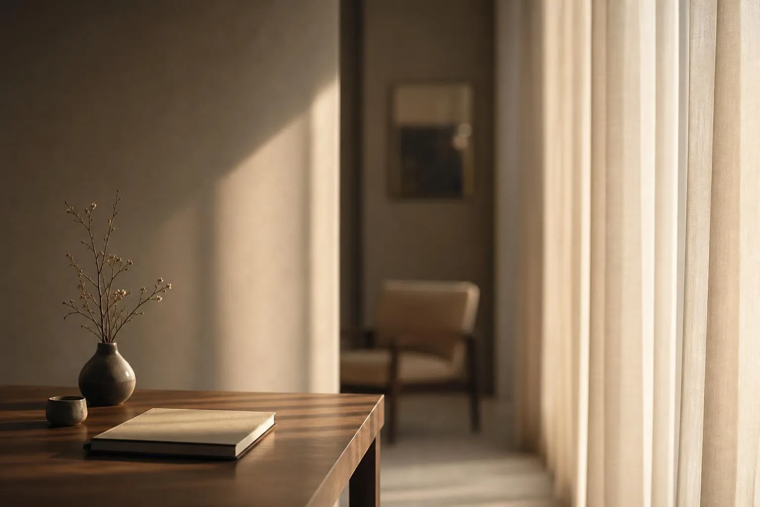 Sunlight filtering through sheer curtains onto a minimal interior, casting soft shadows across a neutral wall.