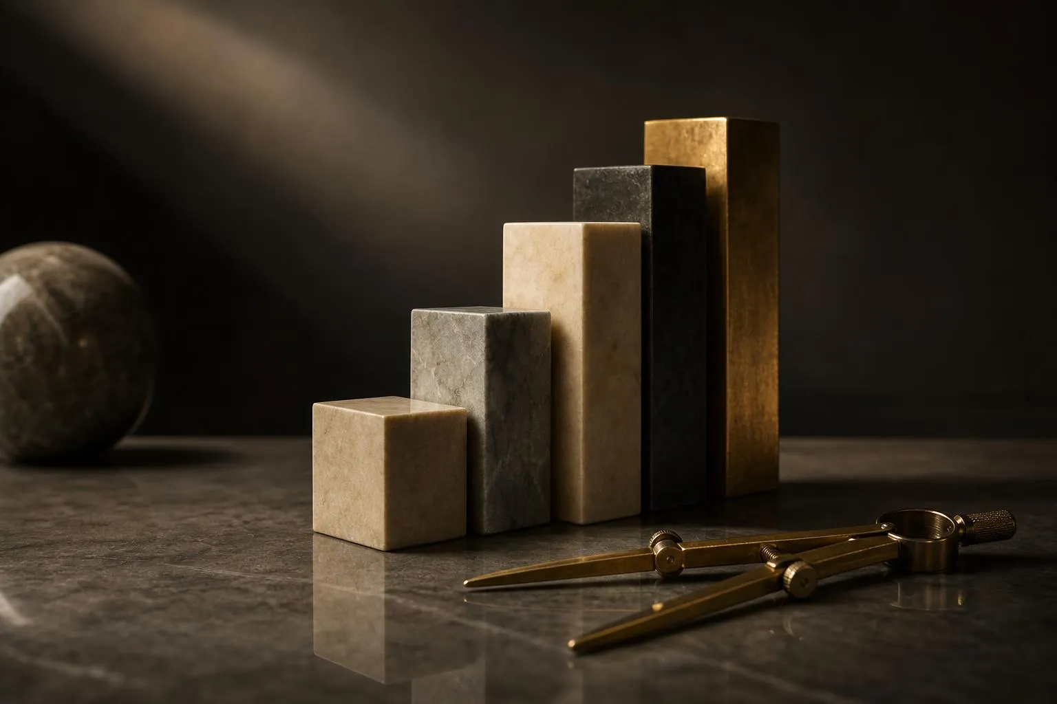 Stacked geometric blocks and brass instrument in minimalist still life arrangement