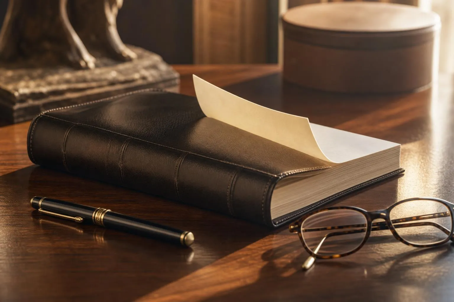 Detail of leather journal, pen, and glasses on polished wood surface in morning light.
