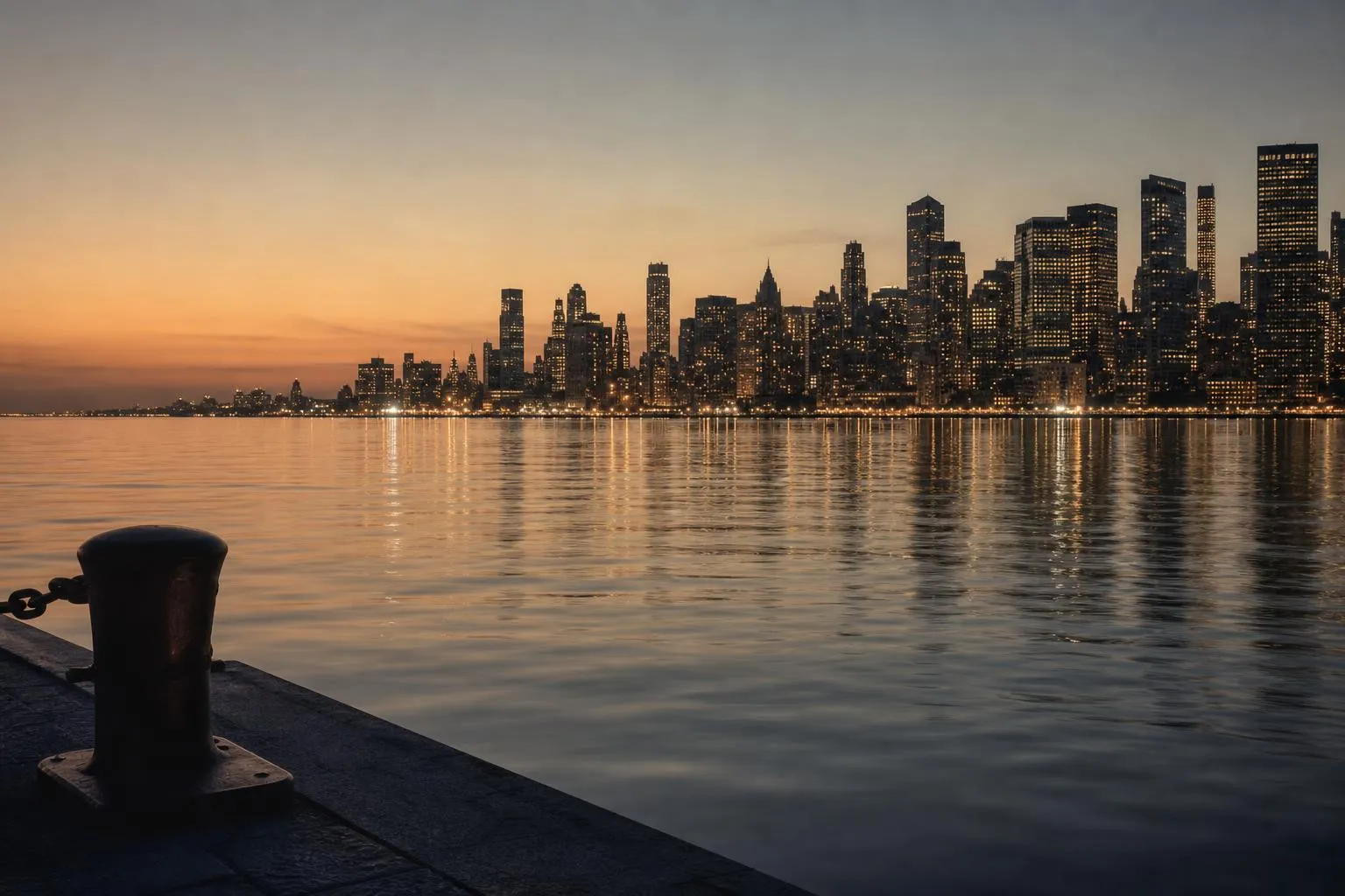 Calm harbor at dusk with distant glowing skyline reflected in still water.