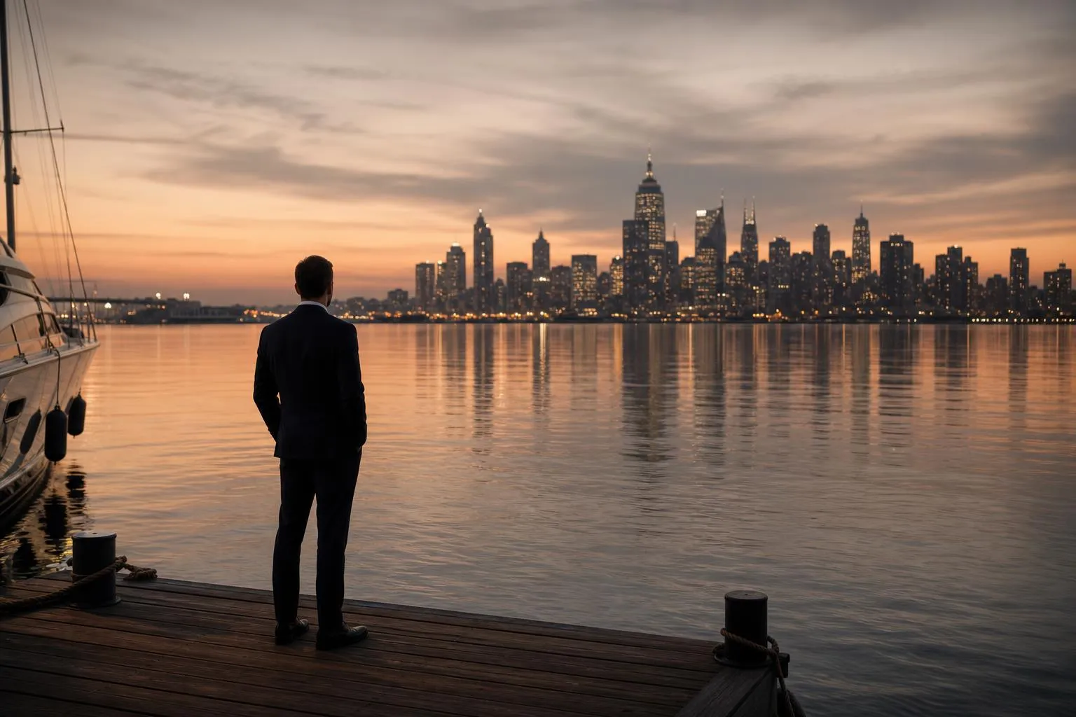 Solitary figure on a dock gazing across calm water at a distant glowing skyline at dusk.