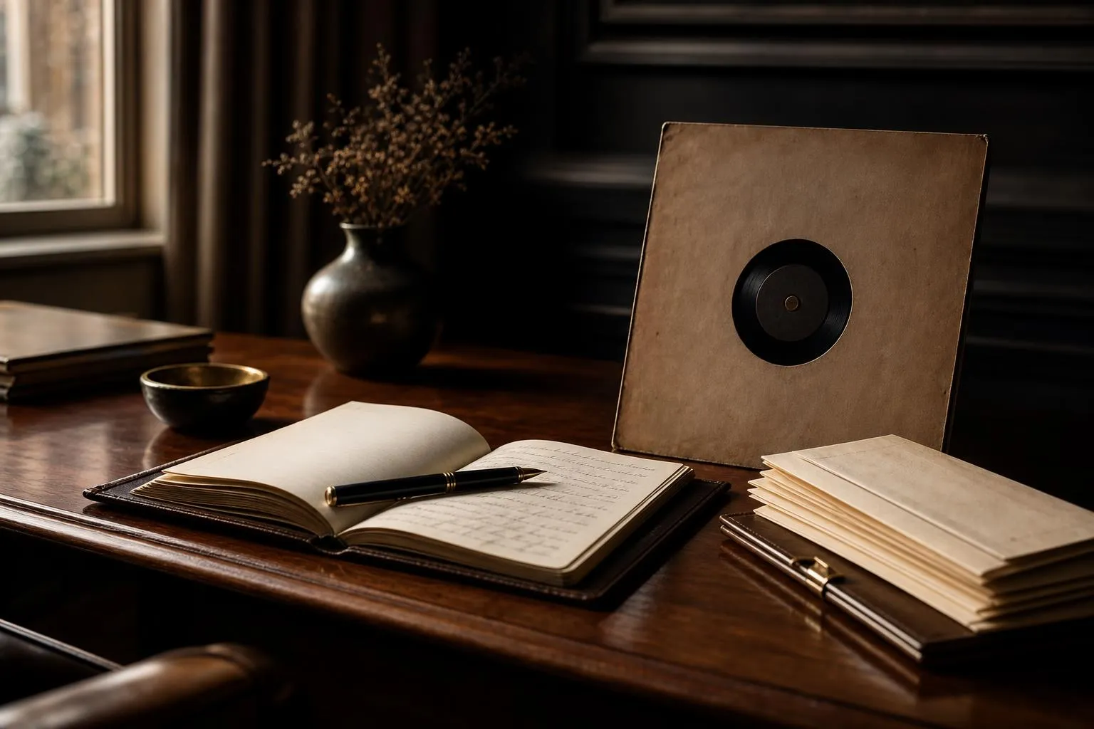 Curated still life with journal, pen, documents, and record sleeve on wooden surface in soft daylight
