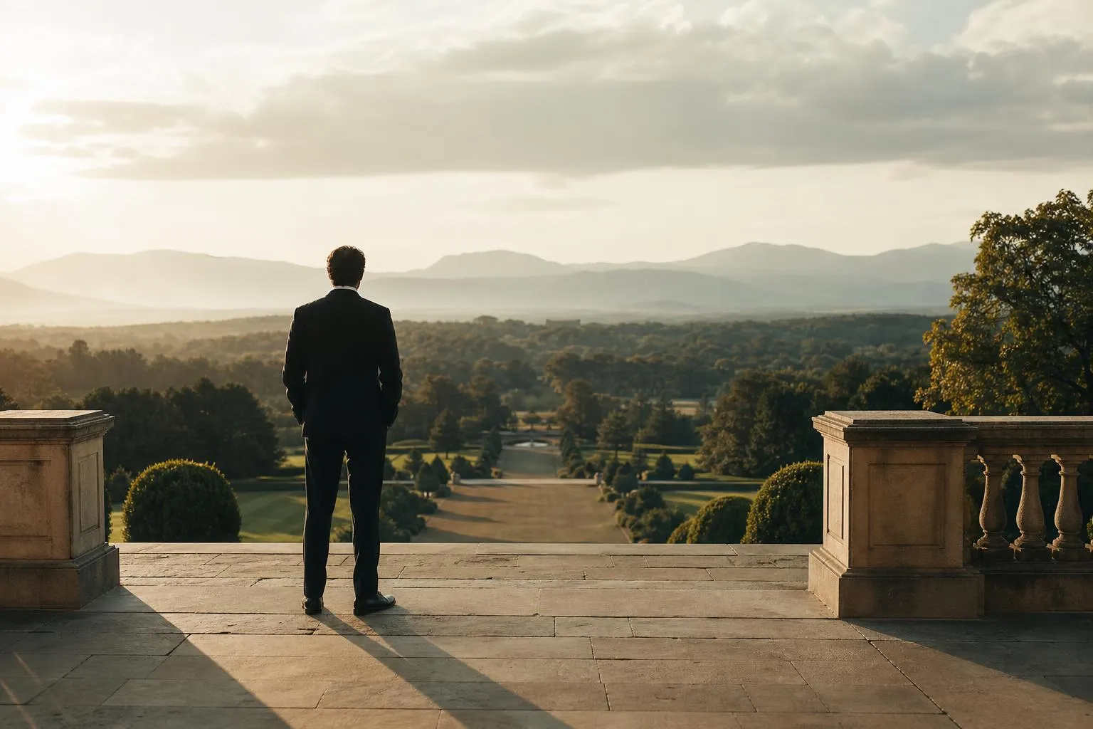 A lone figure stands on a sun-drenched terrace overlooking expansive grounds, contemplating a distant horizon.