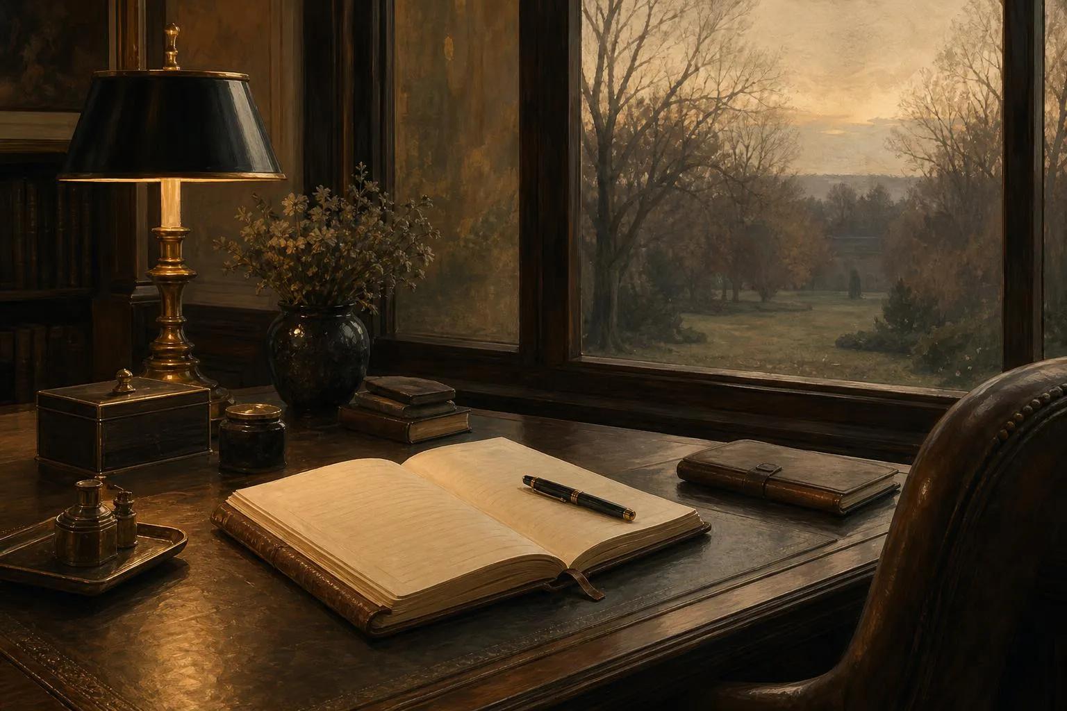 Open journal on wooden desk by window overlooking garden at dusk, painted in soft muted tones.