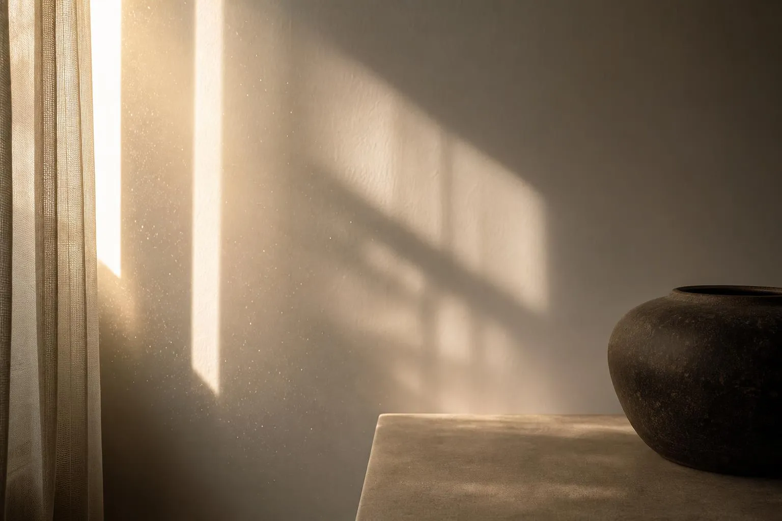 Sunlight filtering through sheer curtains, casting soft shadows and illuminating suspended particles in air.