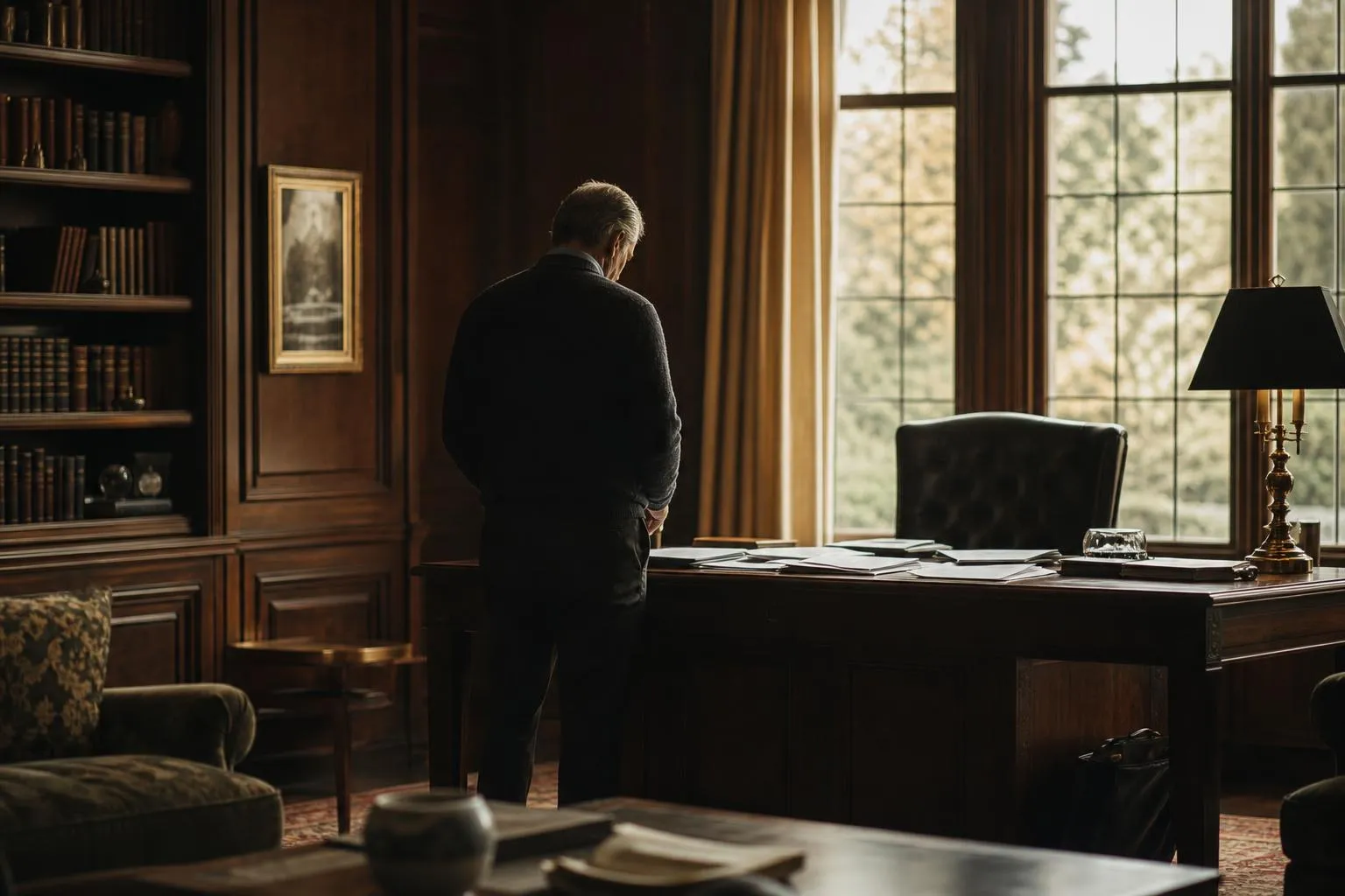 A figure alone in a library studies documents at a desk, bathed in soft window light.