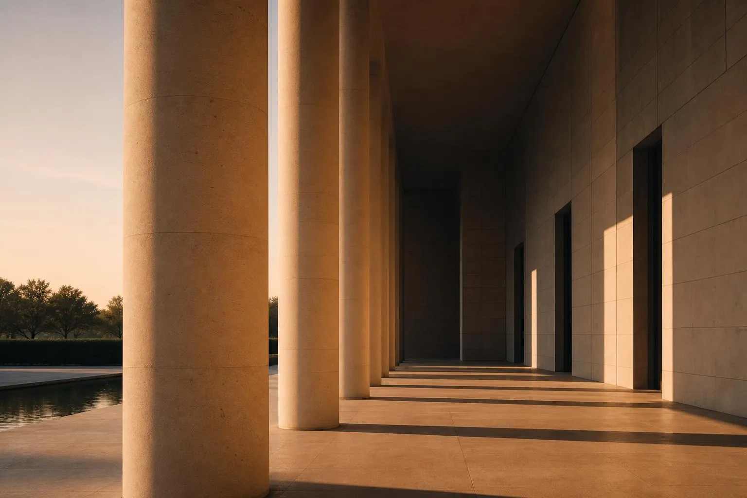 Modernist colonnade with clean geometric lines and dappled morning light.