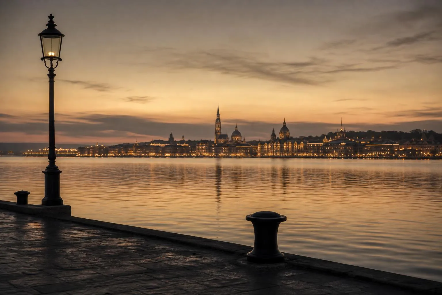 Distant city skyline glowing across calm water at dusk, viewed from a quiet waterfront