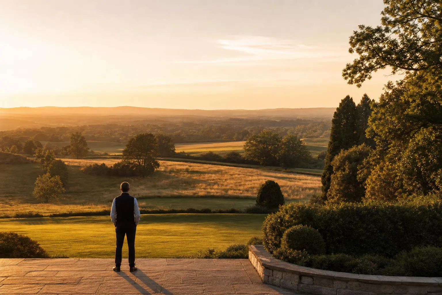 Golden-hour landscape with rolling private grounds and distant figure at dusk