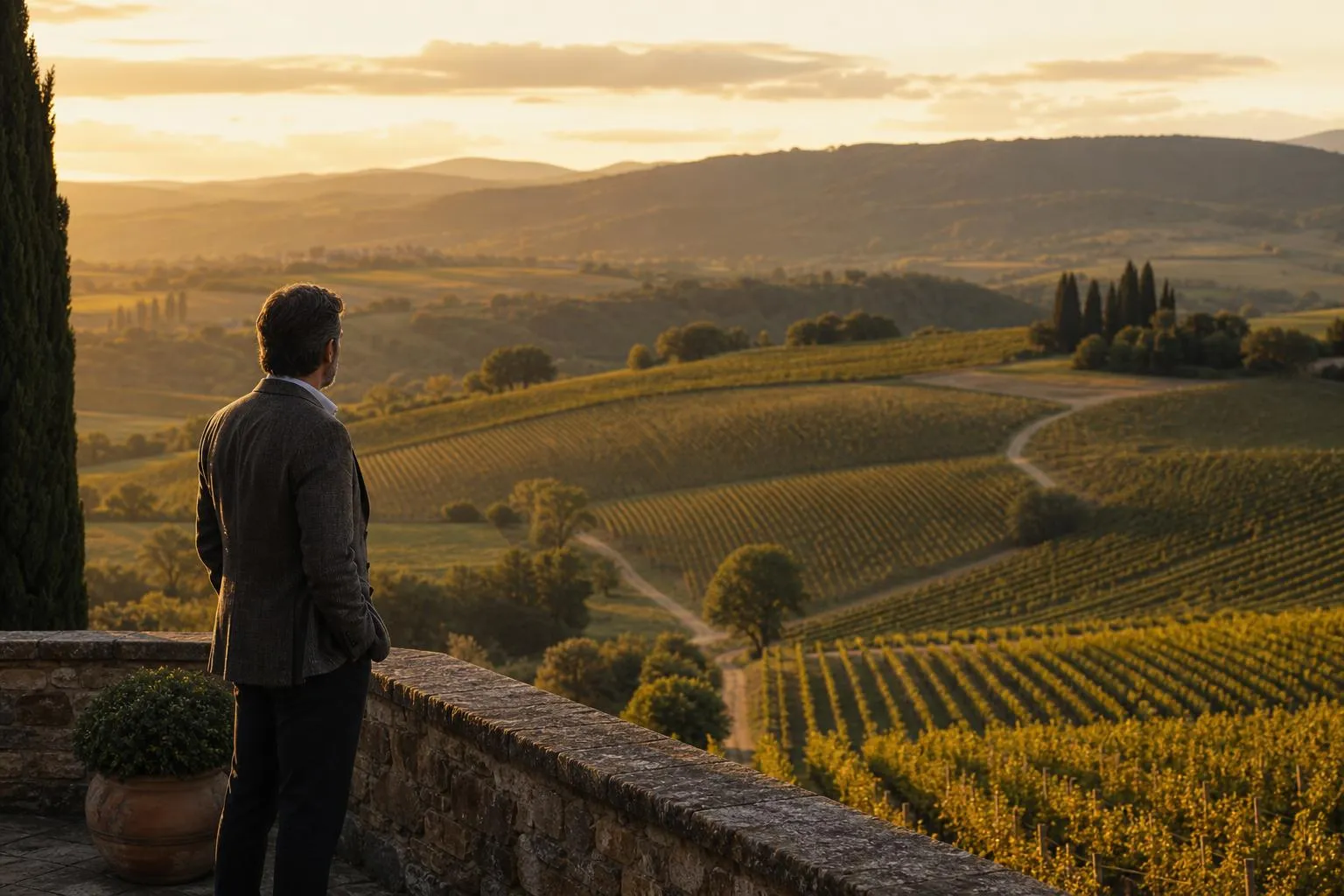 Golden-hour view of organized vineyard landscape with a figure surveying the structured holdings below.