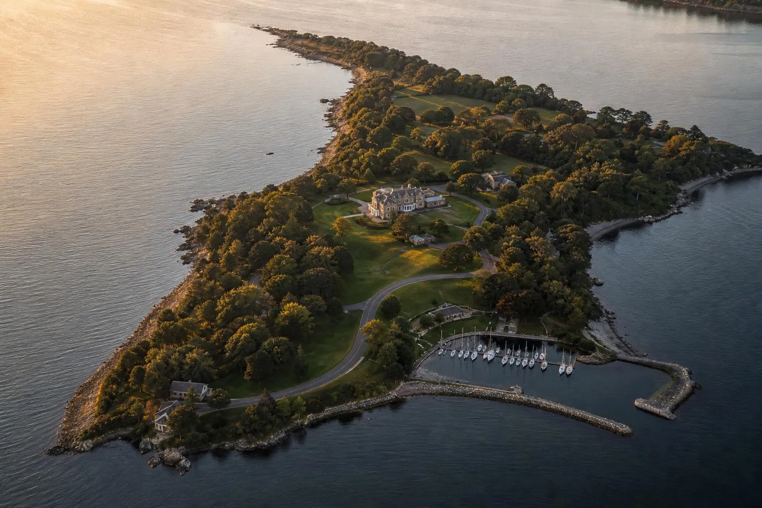 Aerial view of a coastal estate with winding road, manicured grounds, and moored boats at golden hour.