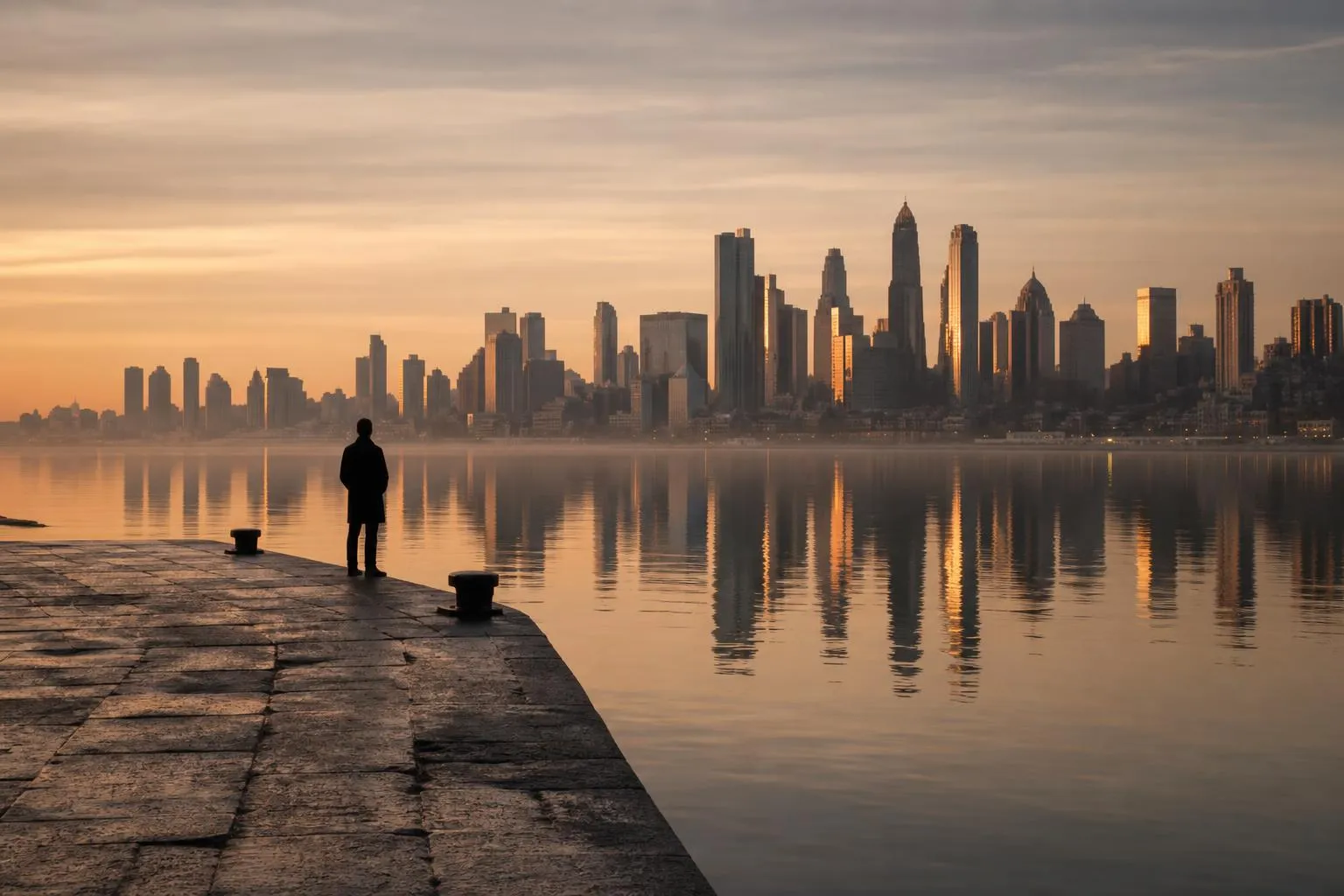 A solitary silhouetted figure on a waterfront promenade at dusk, gazing toward a distant glowing cityscape reflected in still water.