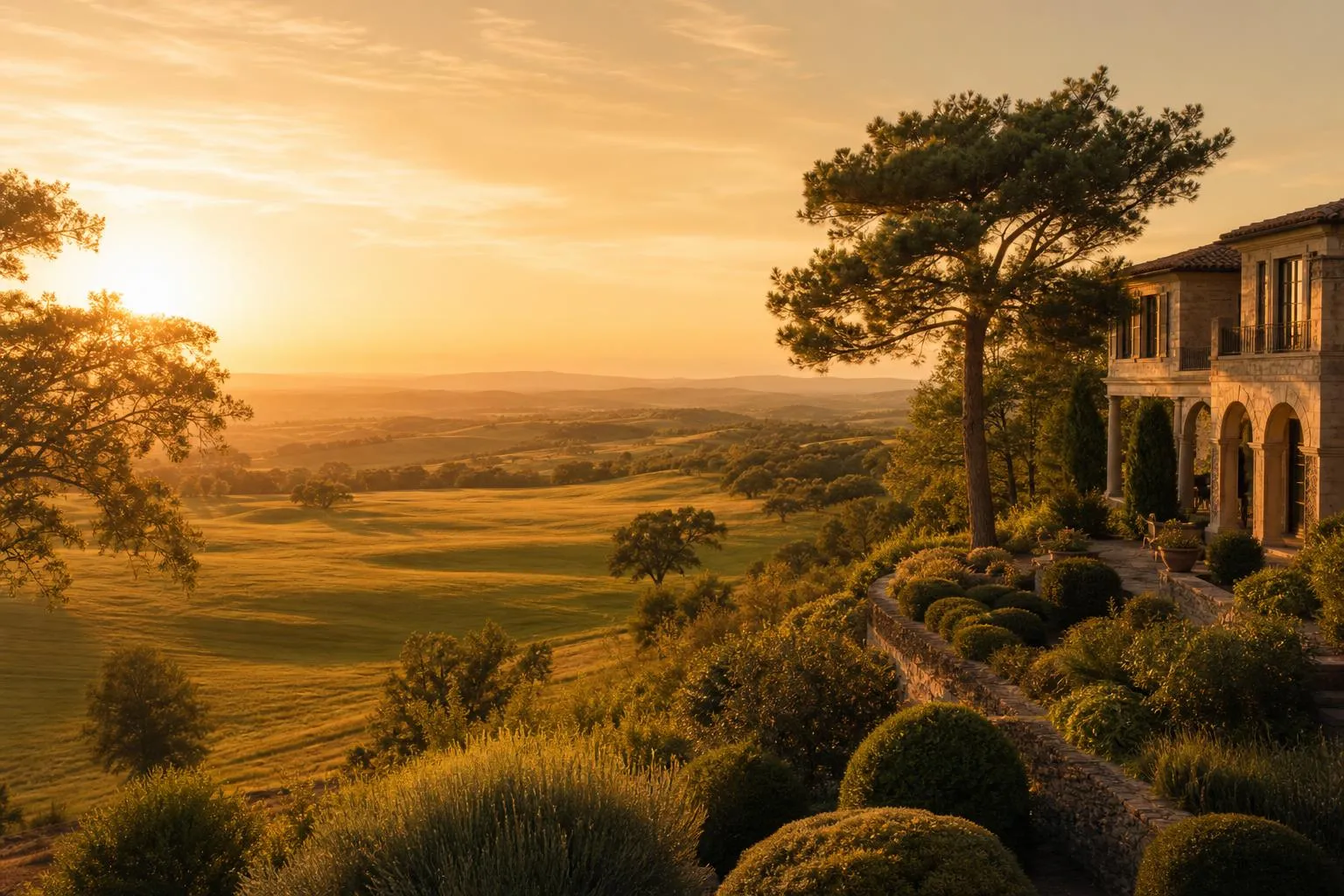 Golden-hour landscape of rolling private estate grounds at dusk, warm amber light across open countryside.