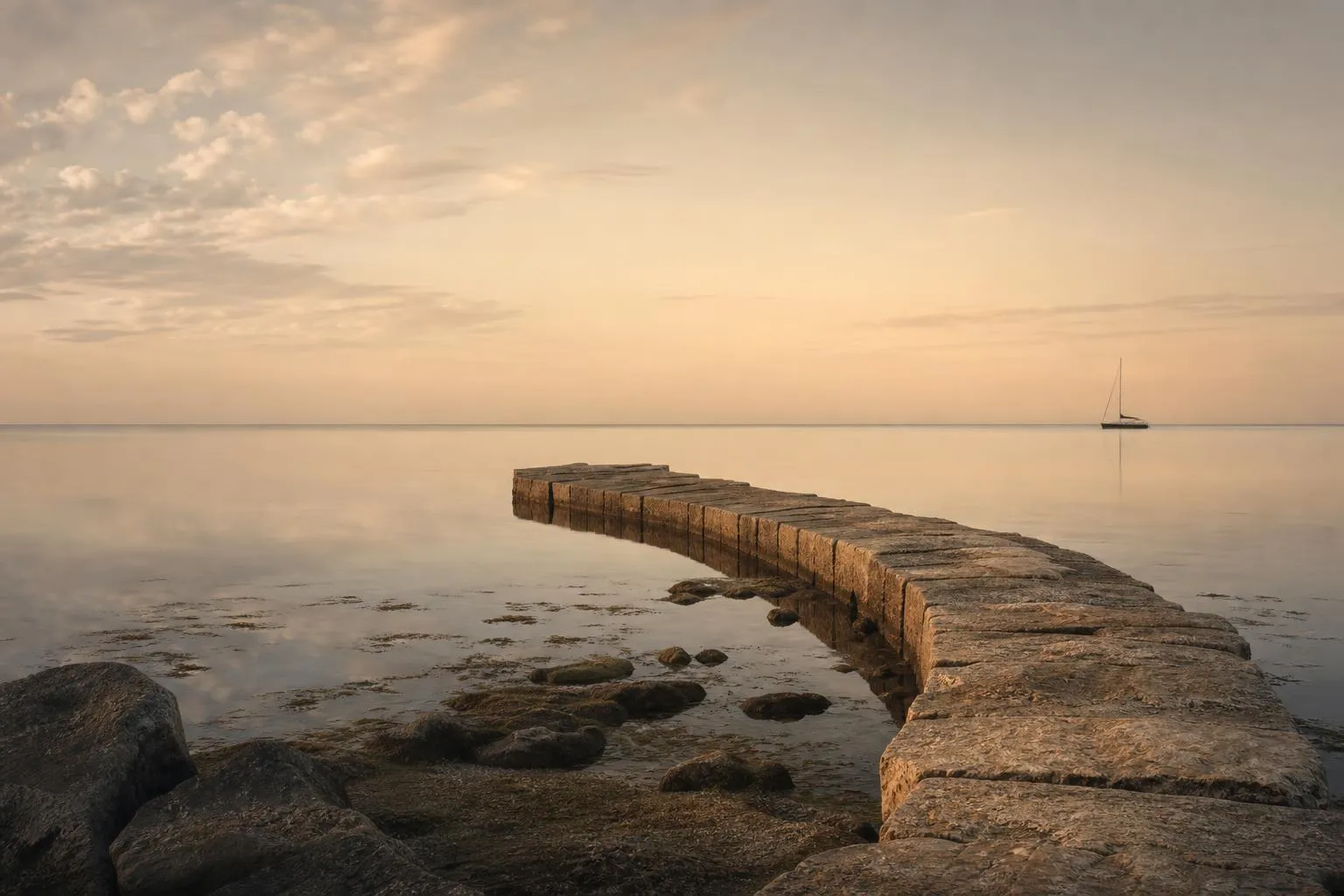 Serene coastal dawn with still water, stone jetty, and distant sailboat on horizon