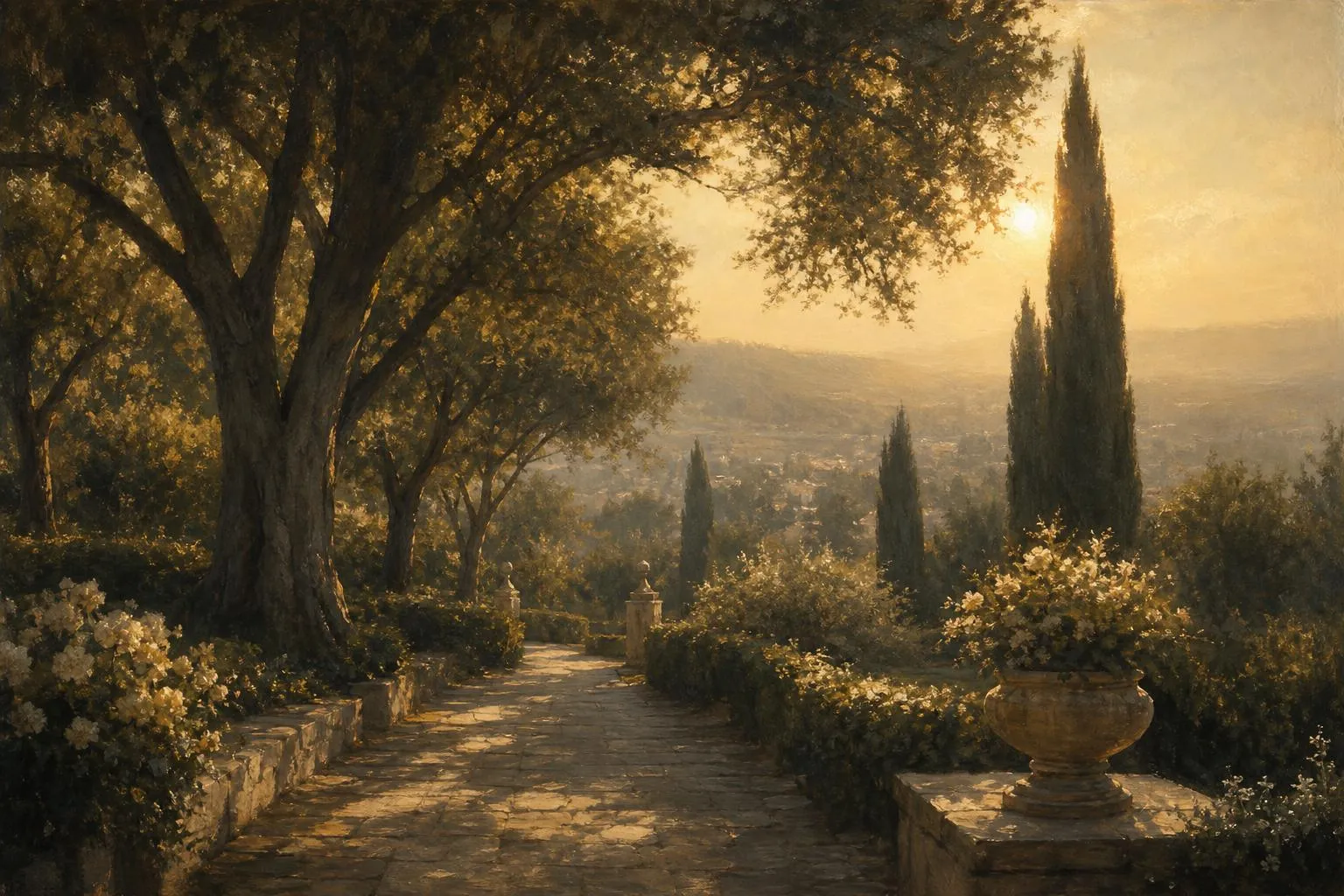 Impressionist painting of a sun-dappled garden path with layered trees fading into mist, rendered in soft greens and amber tones.