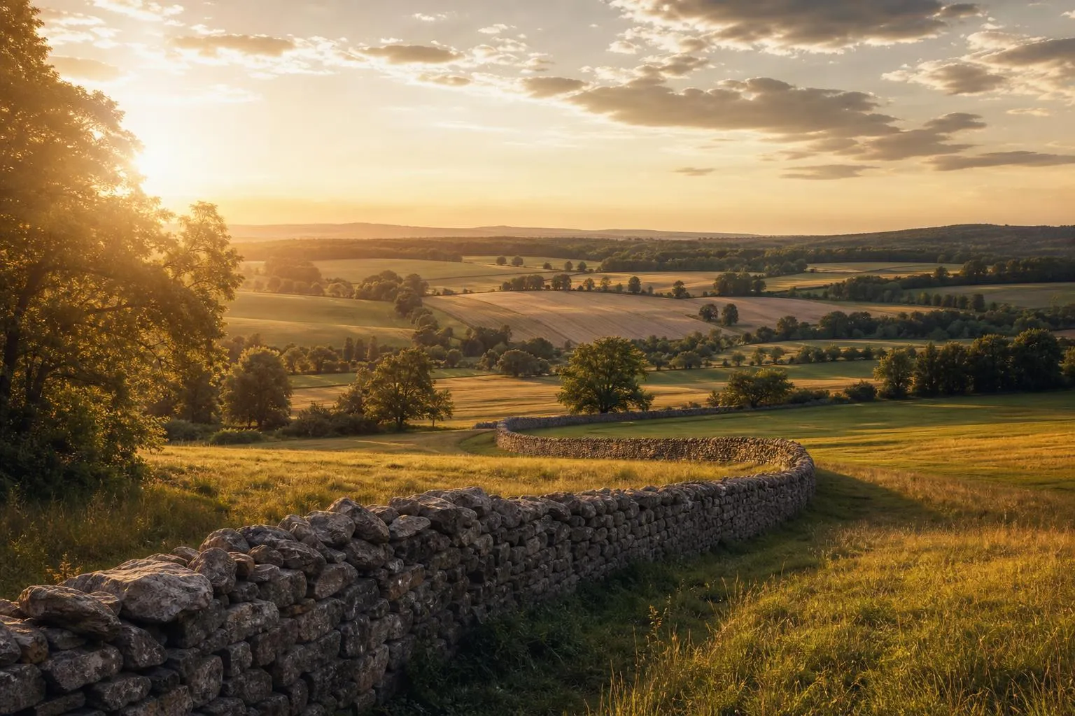 Rolling countryside at golden hour with stone wall and cultivated fields beneath warm light.