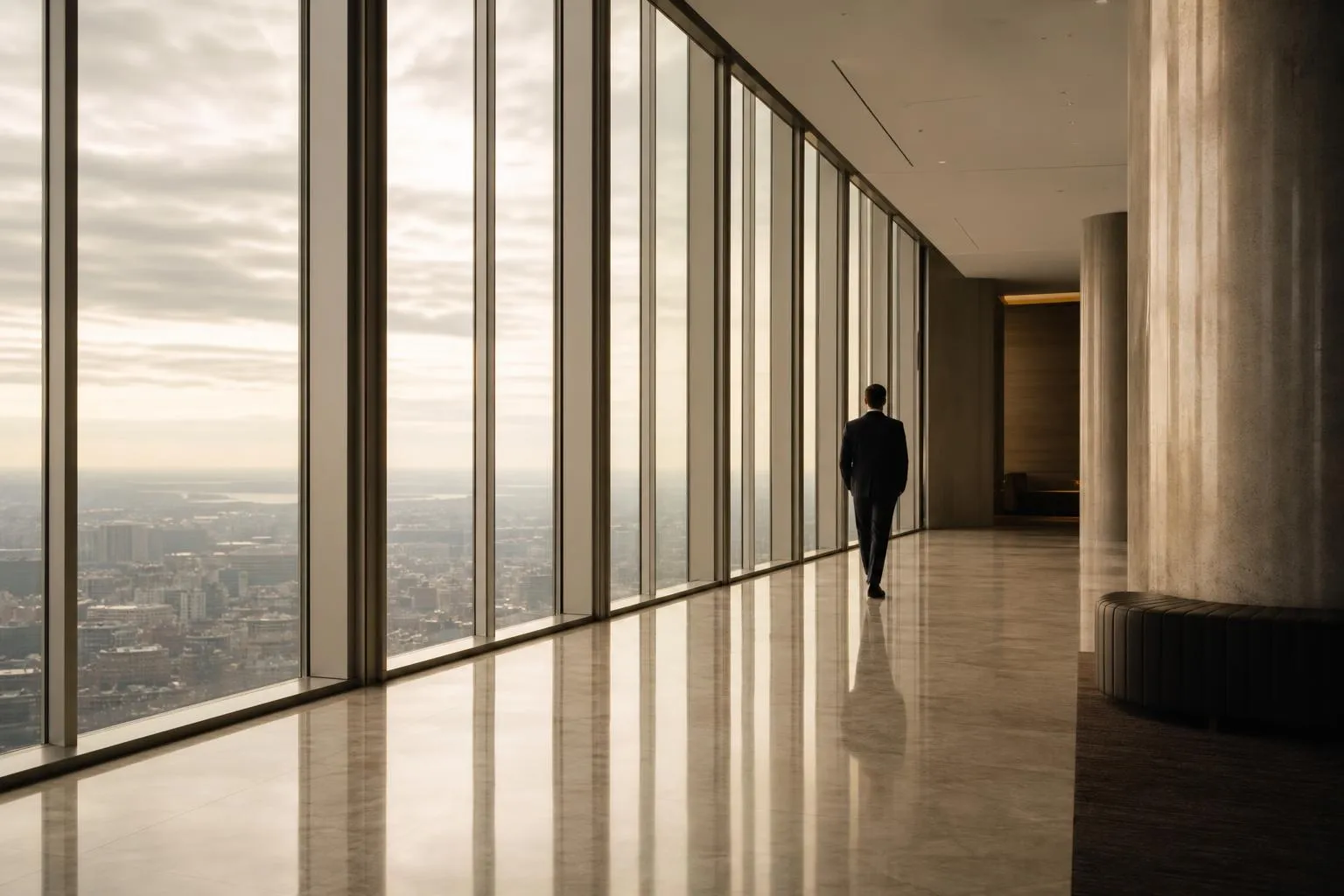 A lone figure walking through a modern, minimalist corridor with expansive windows and soft light.