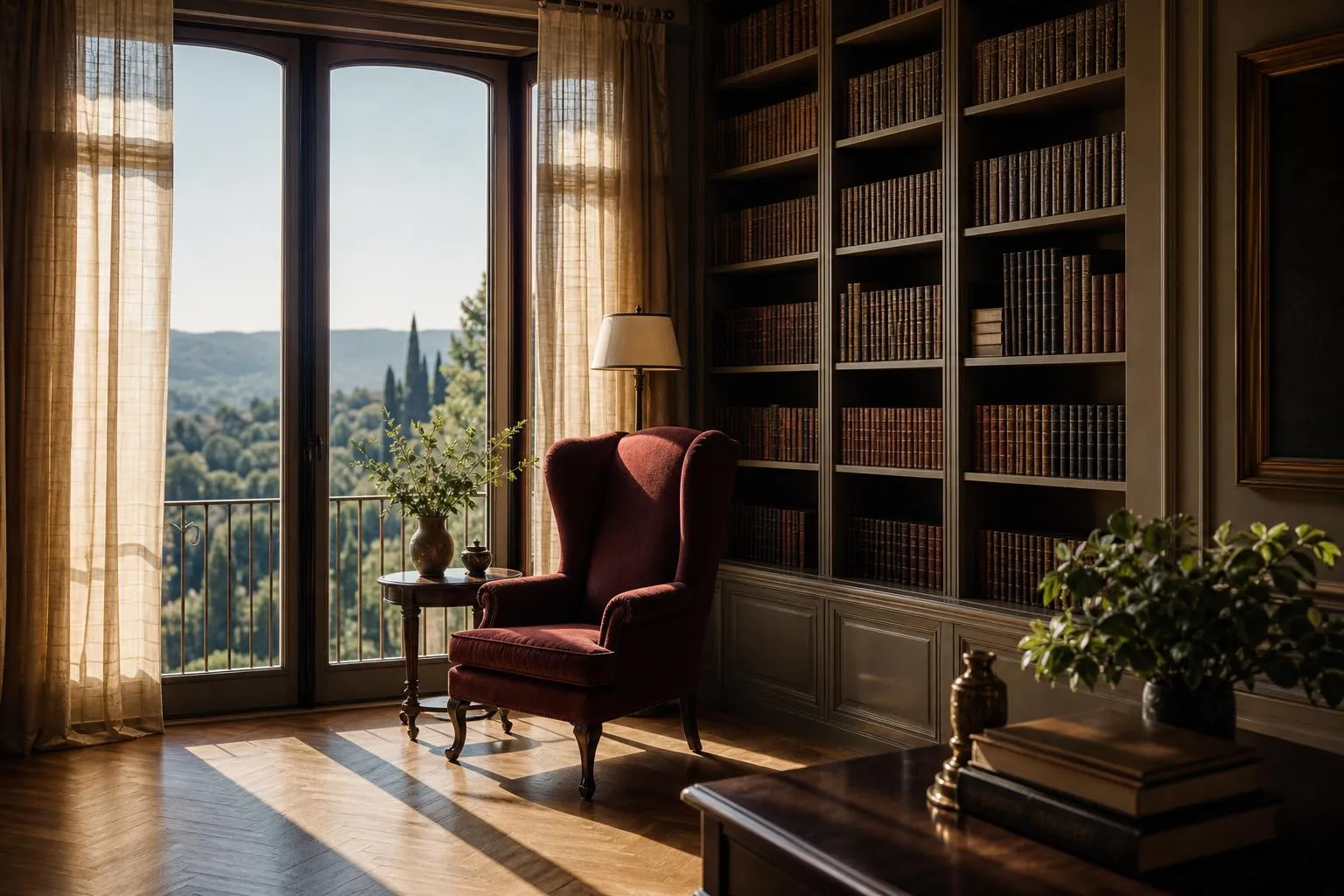 Sunlit private library with leather books, wingback chair, and Mediterranean landscape view through windows.