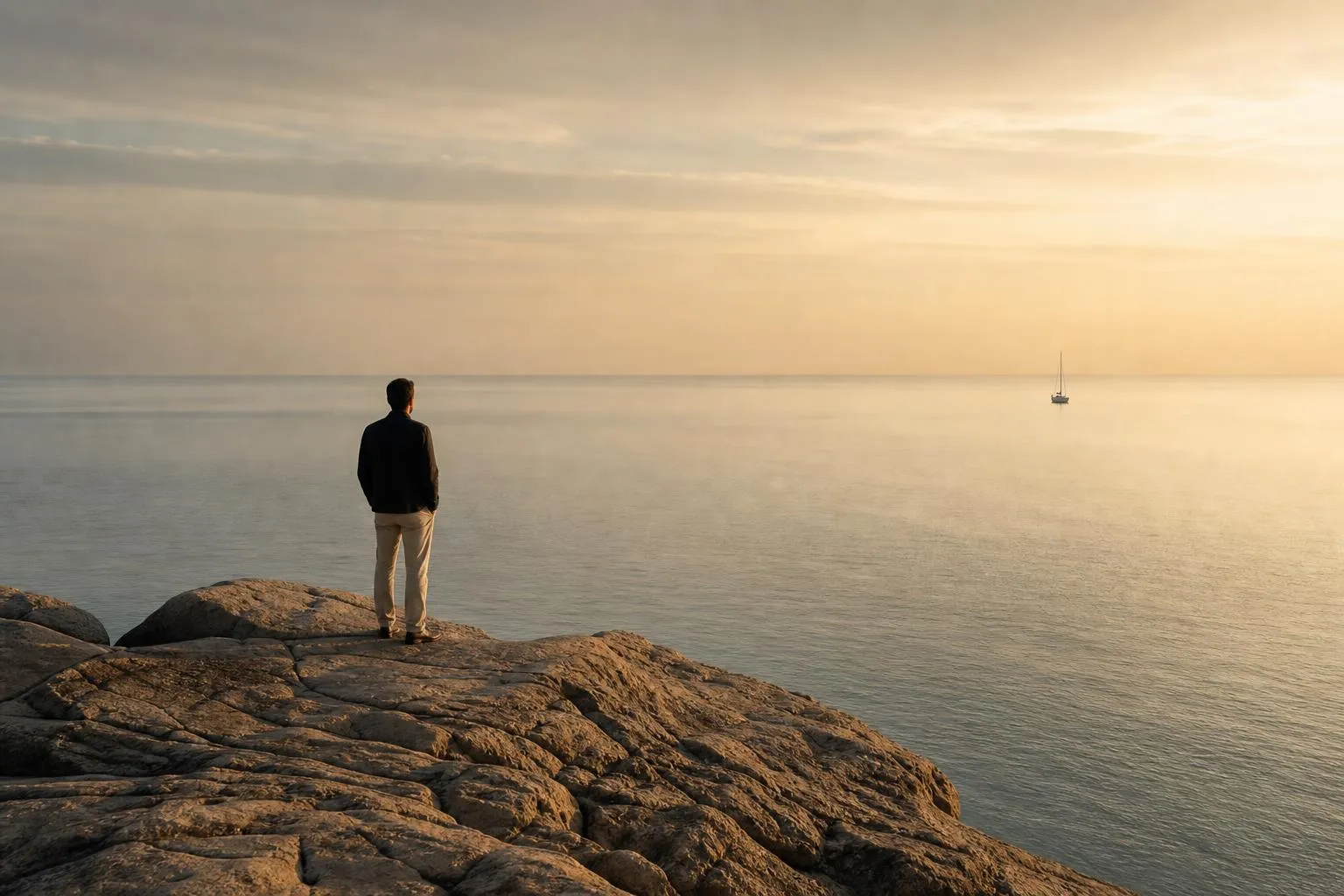 Solitary figure on rocky coastline at dawn, gazing across still sea toward distant horizon.
