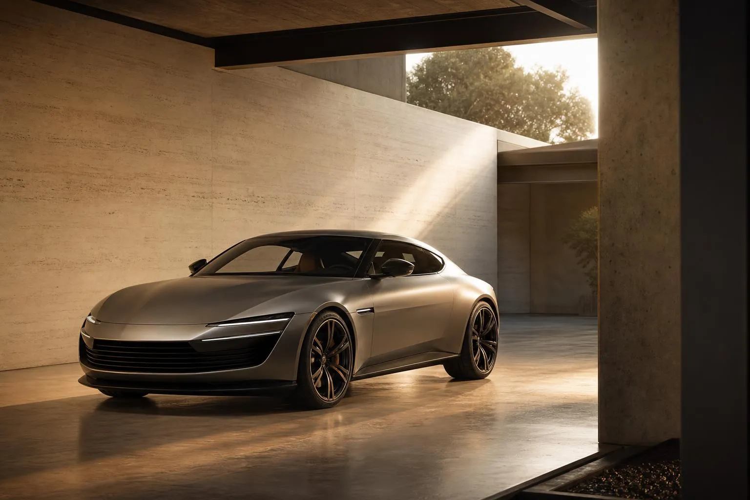 Understated luxury car in minimalist modern setting, emphasizing refined design over status.