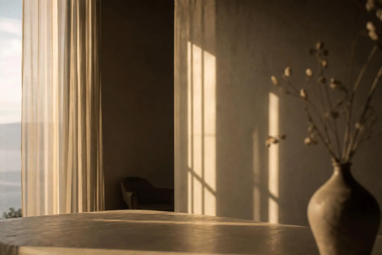 Sunlight streaming through sheer curtains casts soft shadows on a pale wall