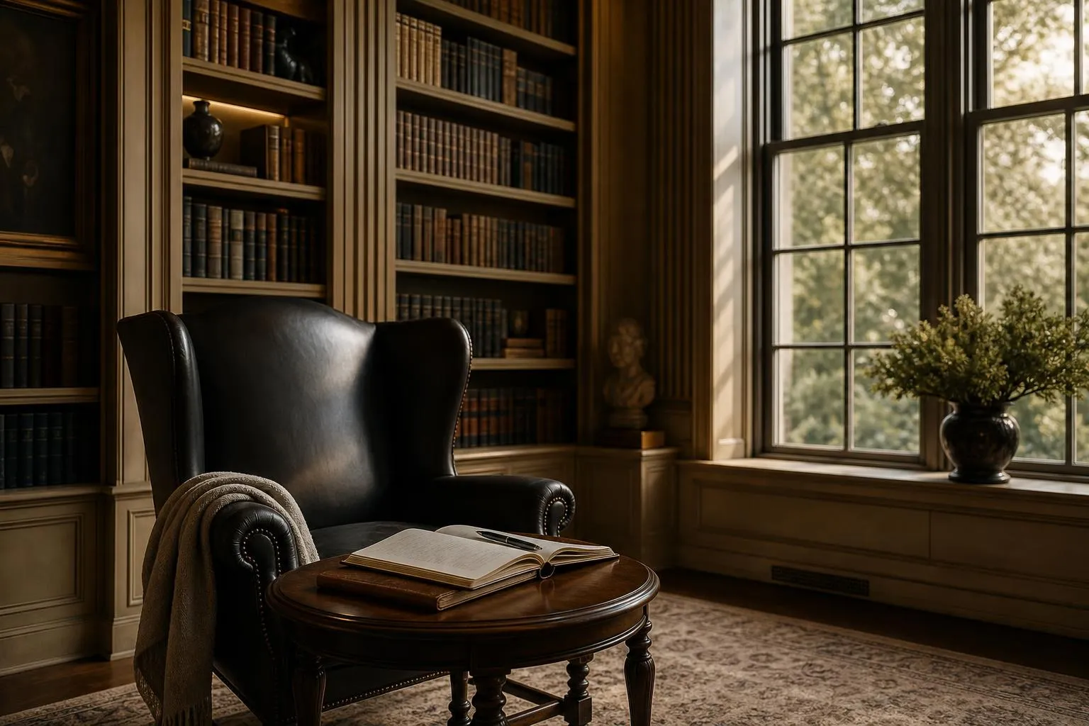 Sunlit private library with open journal on side table beside reading chair
