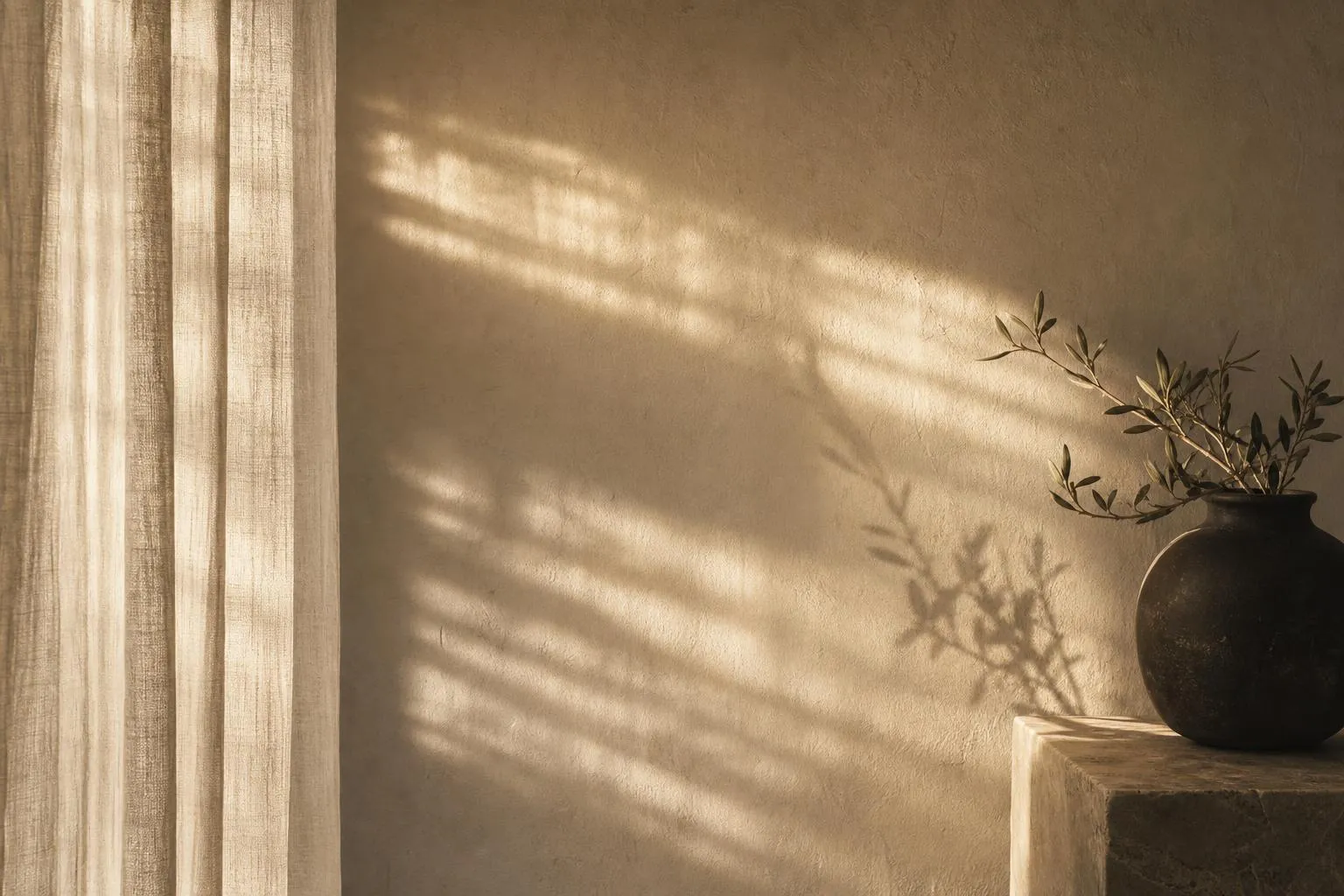 Soft light and shadow across a plain wall through translucent curtains.