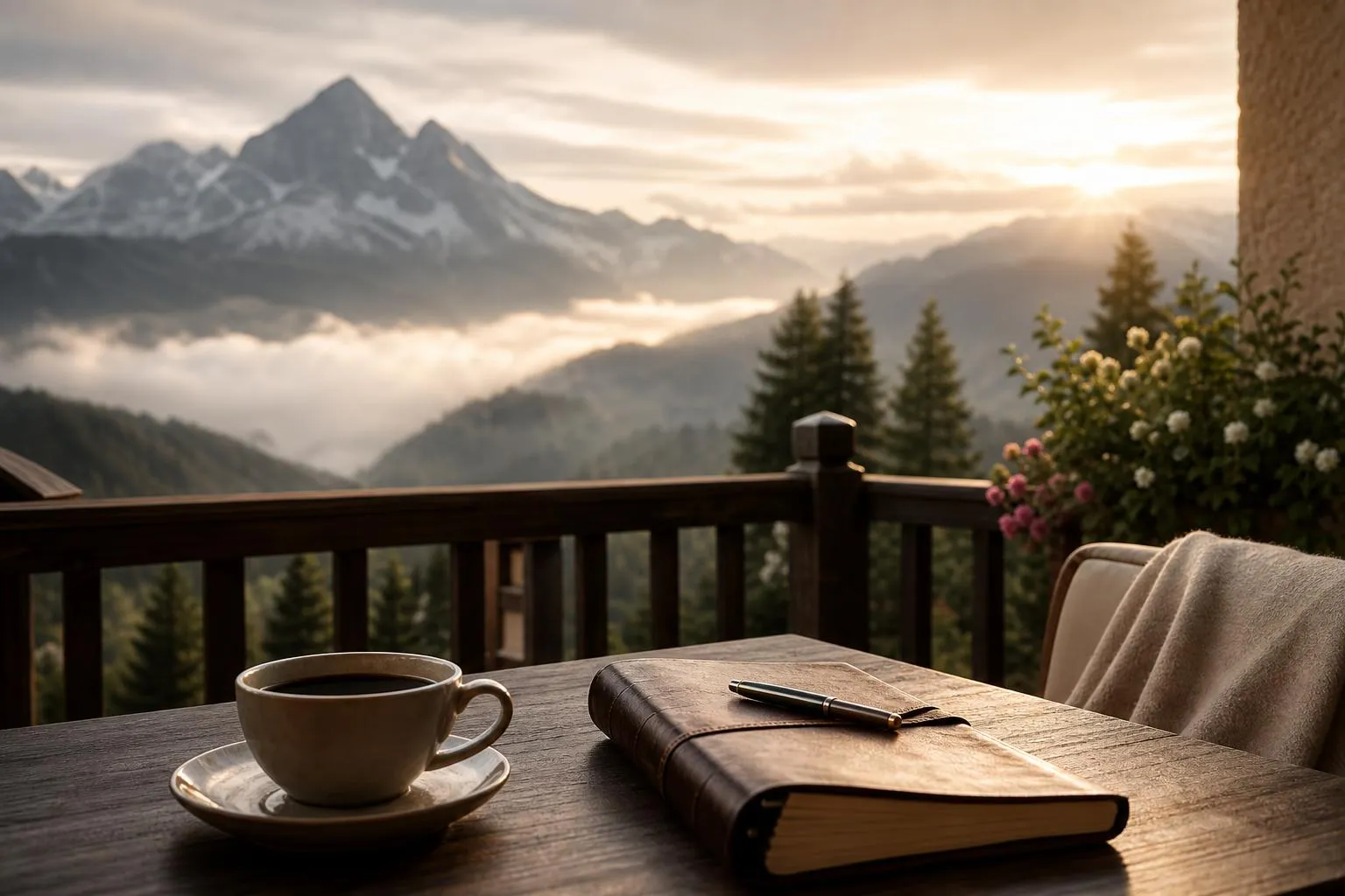 Alpine terrace at dawn with misty peaks and contemplative setting
