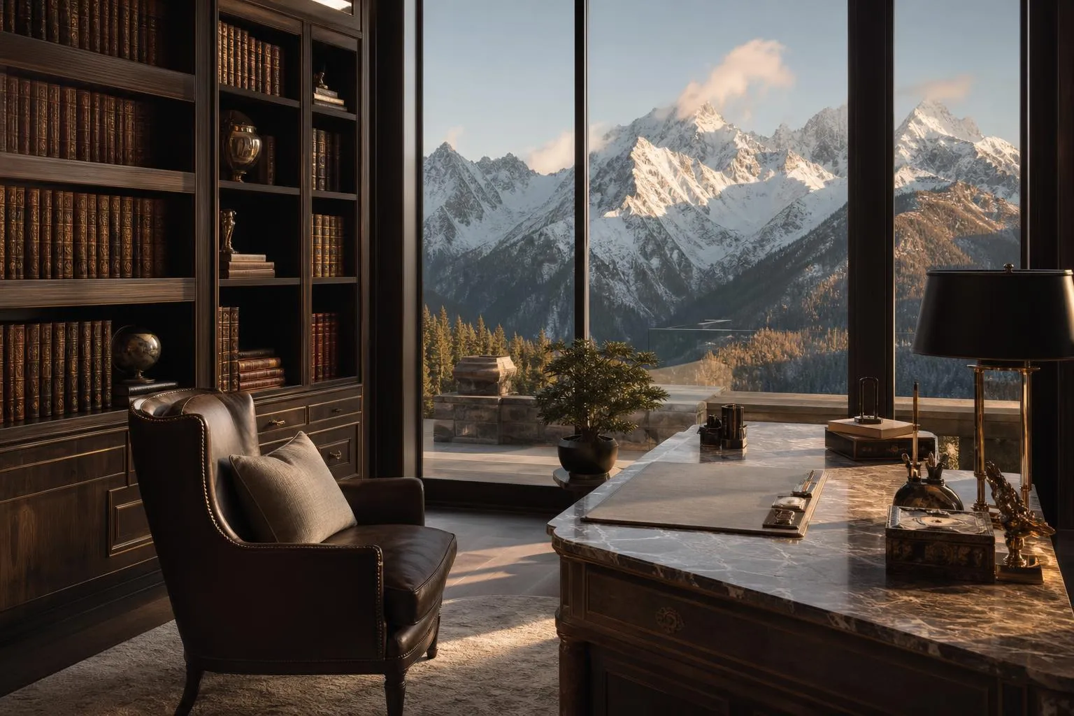 Alpine library interior with mountain views, afternoon light, study workspace.