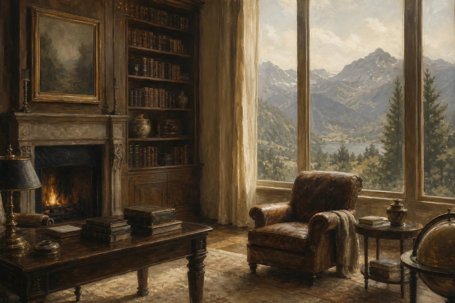 A quiet library study with leather furnishings and alpine view, rendered in soft impressionistic tones.