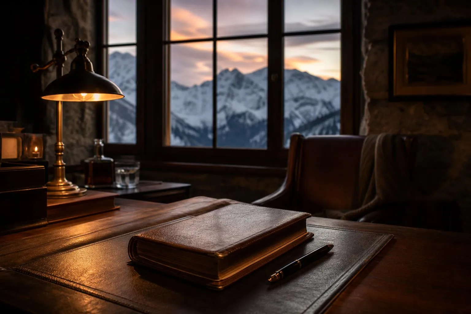 Alpine lodge study at dusk with desk, ledger, and snow-capped mountains in window light.
