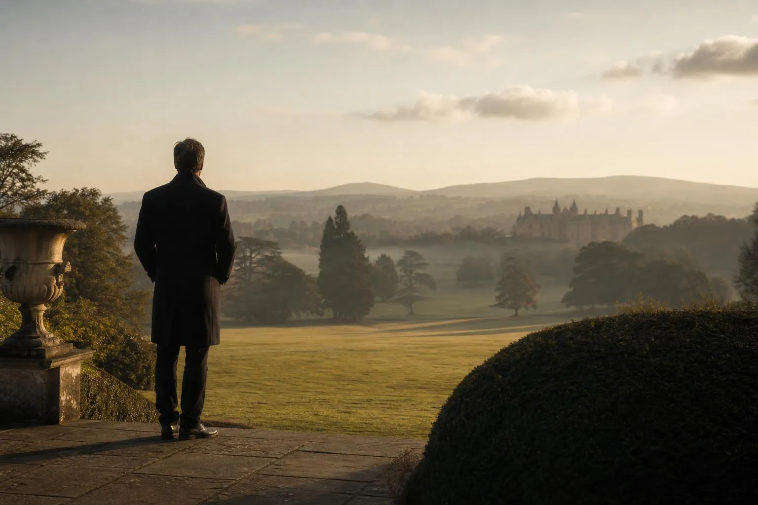 Lone figure gazing across expansive property grounds in soft evening light.