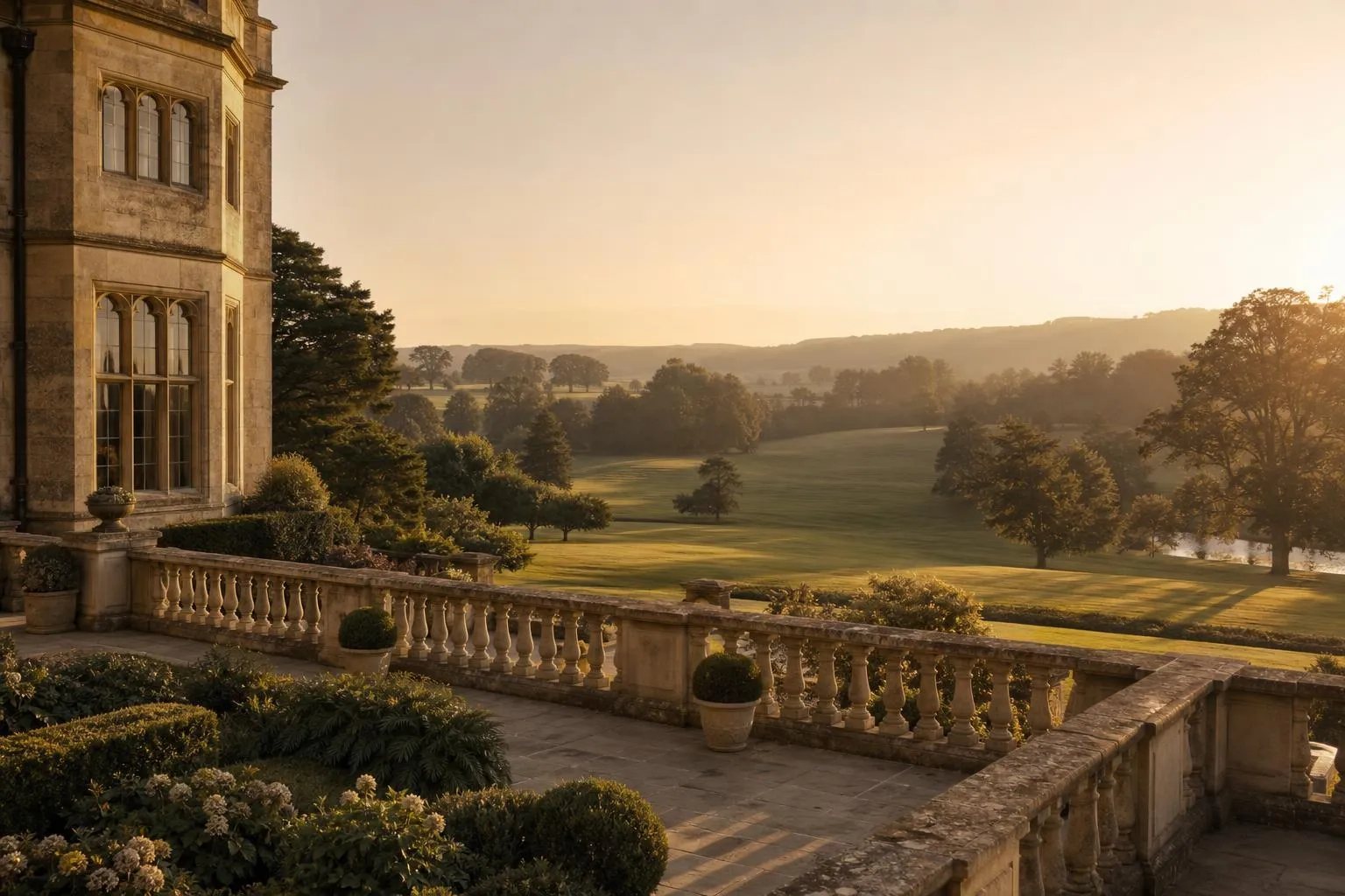 Sprawling private estate grounds at sunset, with manicured gardens and distant tree lines bathed in golden light