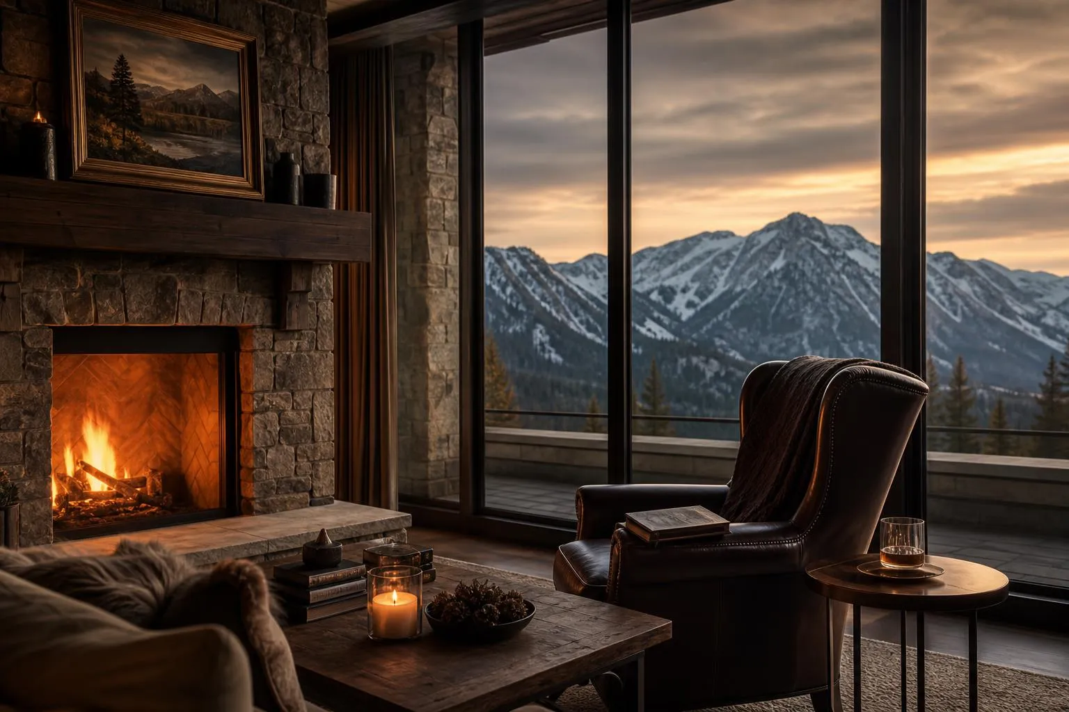 Cozy alpine lodge interior with fireplace and mountain view at dusk