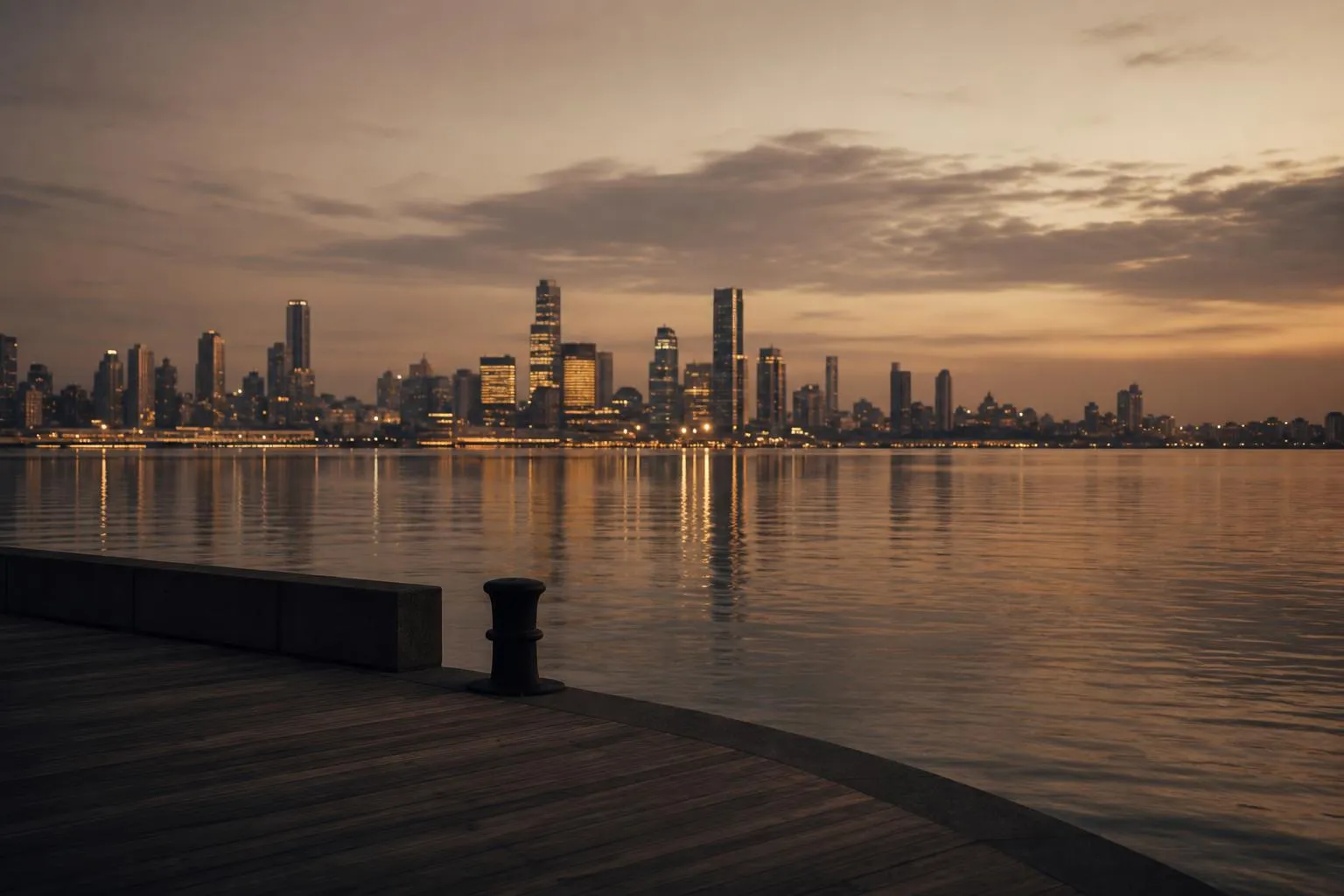 Quiet waterfront at dusk with distant city lights reflected in still water.
