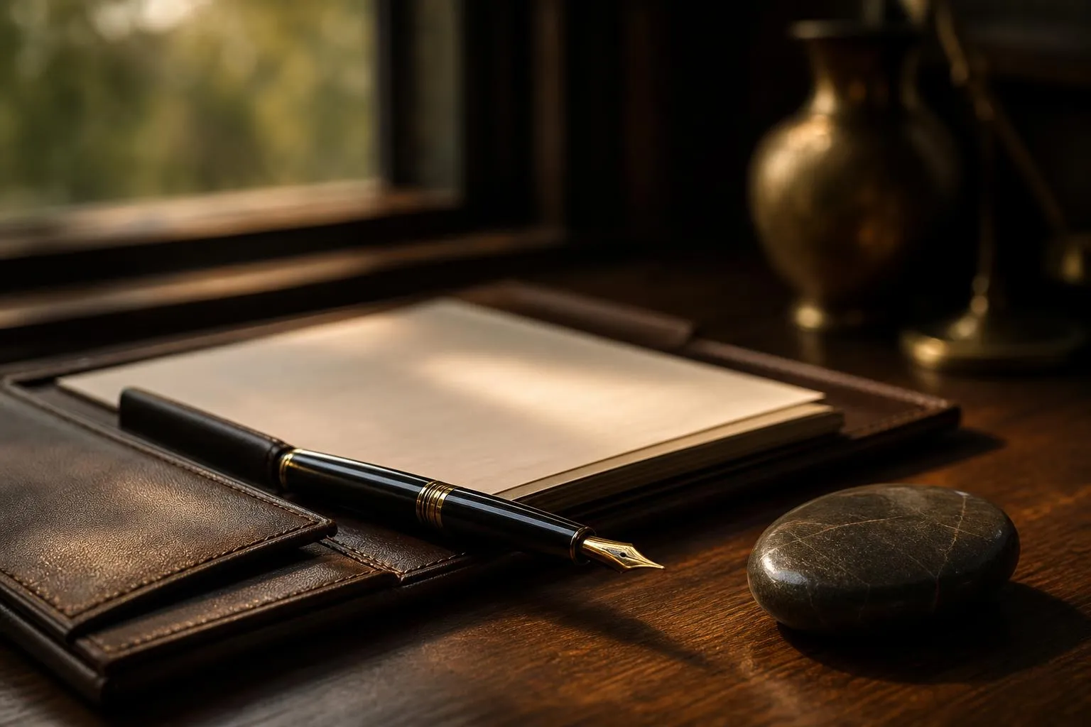 Intimate still life: leather portfolio, fountain pen, and smooth stone on wood surface with warm, diffused light.
