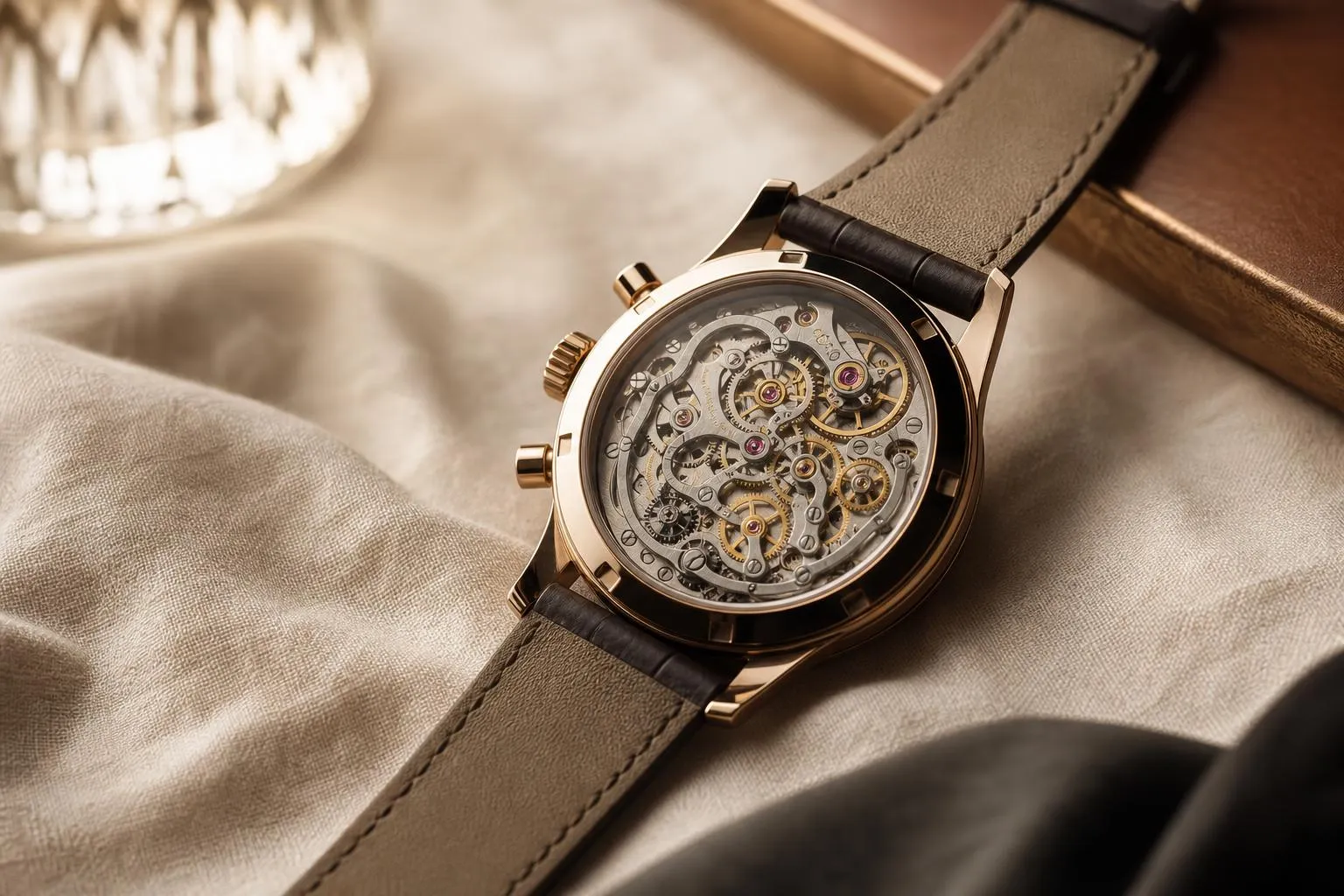 Close-up of an open luxury watch showing intricate mechanical movement on cream linen.