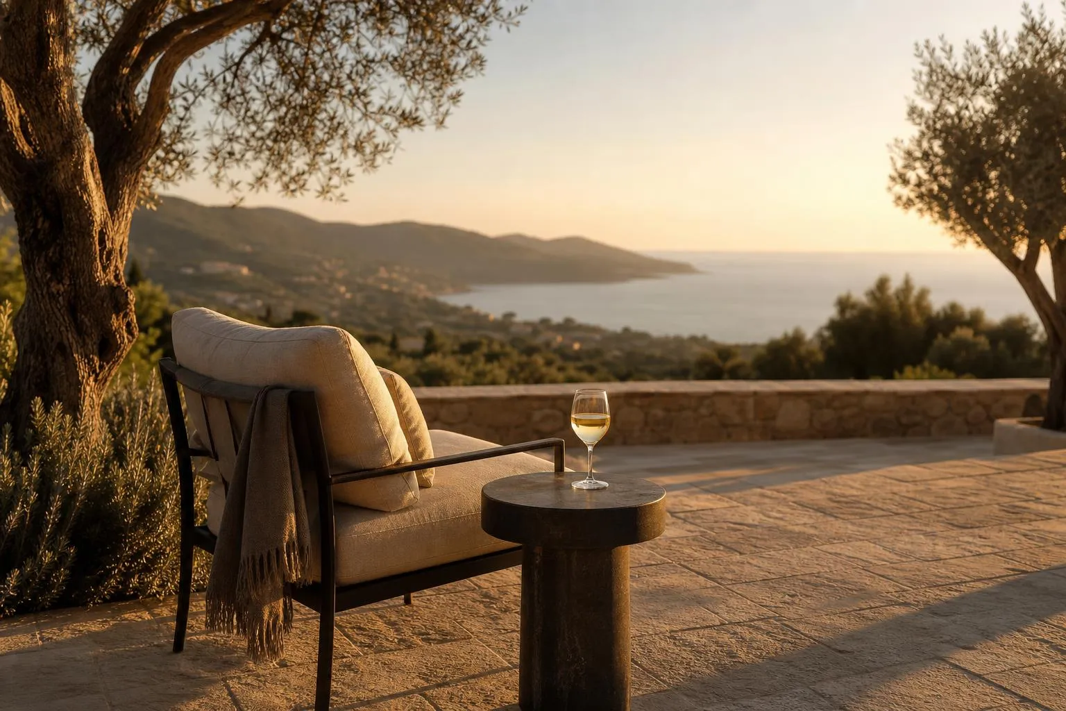 Sun-lit Mediterranean terrace with chair overlooking distant coast at golden hour