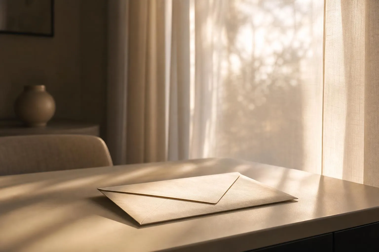 Soft morning light filtering through sheer curtains, casting subtle shadows on a pale surface